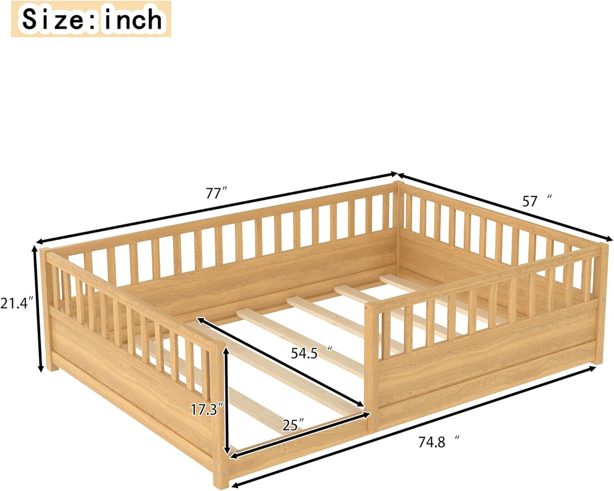 Full Size Floor Bed with High Fence, Wood Montessori Bed with Slats and Guardrails