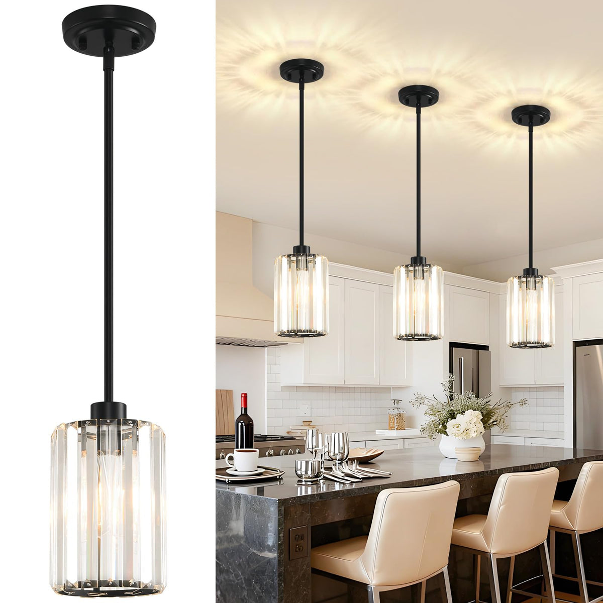 3 Pack Pendant Lights Kitchen Island, Modern Black Pendant Light Fixtures, Mini Chandelier Crystal Kitchen Island