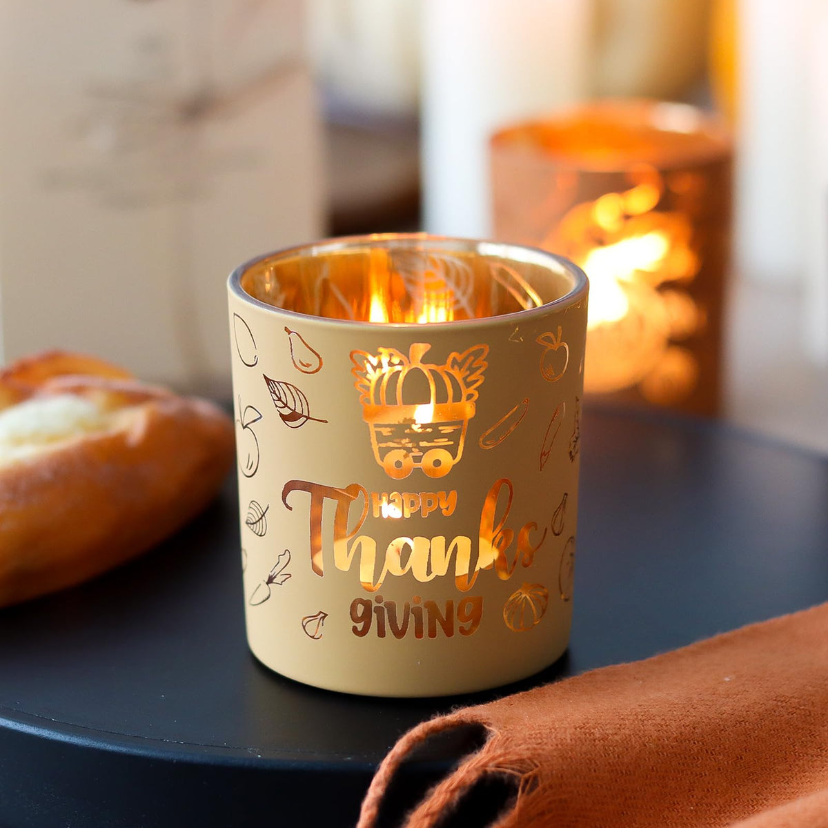 Glass Votive Candle Holders 4PCS Thanksgiving Tealight Candle Holders for Fall Table Centerpiece, Thanksgiving