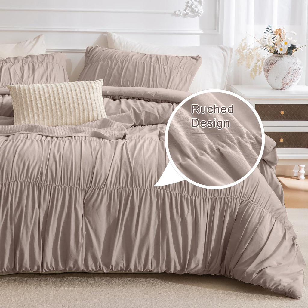 Oversized King Comforter(120"x98"), Taupe Ruched Ruffle California King Comforter Set, 3 Pieces Lightweight Extra Large