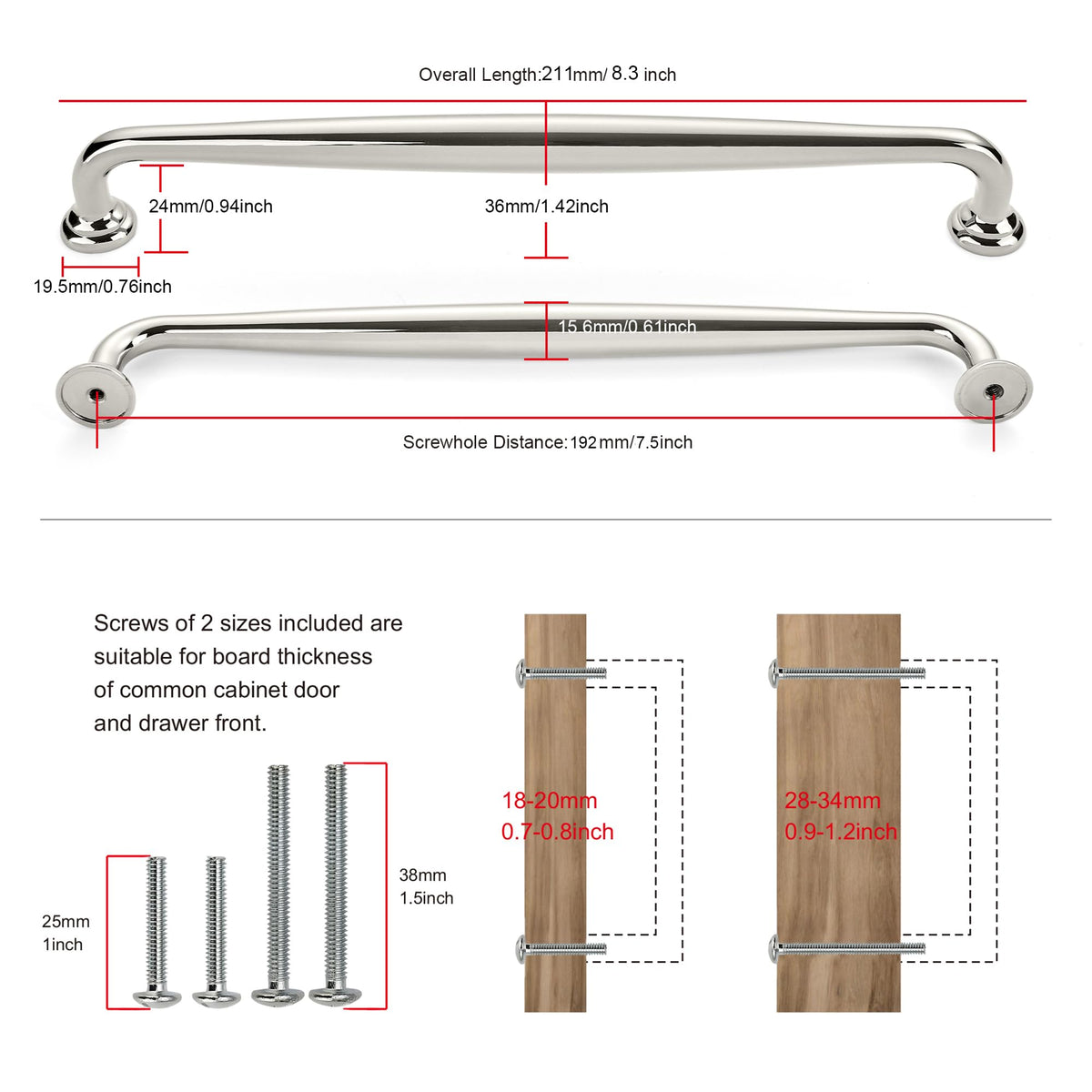 5 Pack Cabinet Handles-7.5"/192mm Screw Spacing Polished Nickel Furniture Hardware Handles Cabinets Bedroom Dresser