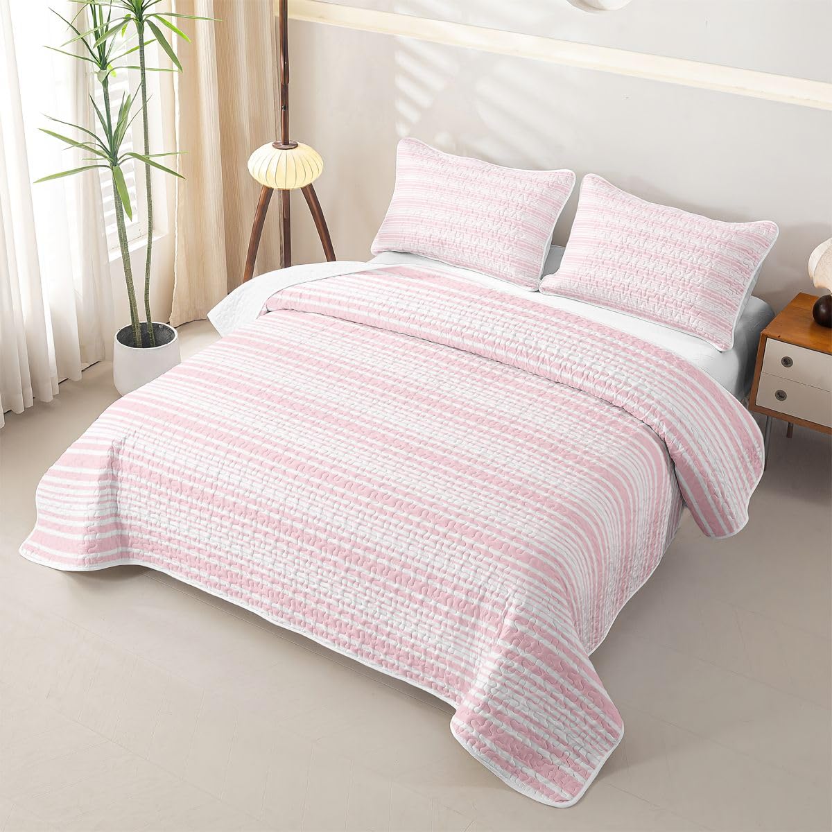 Pink Striped Quilt Set, Farmhouse Ticking Stripes Quilt Modern Geometric Lines Bedspread Coverlet with