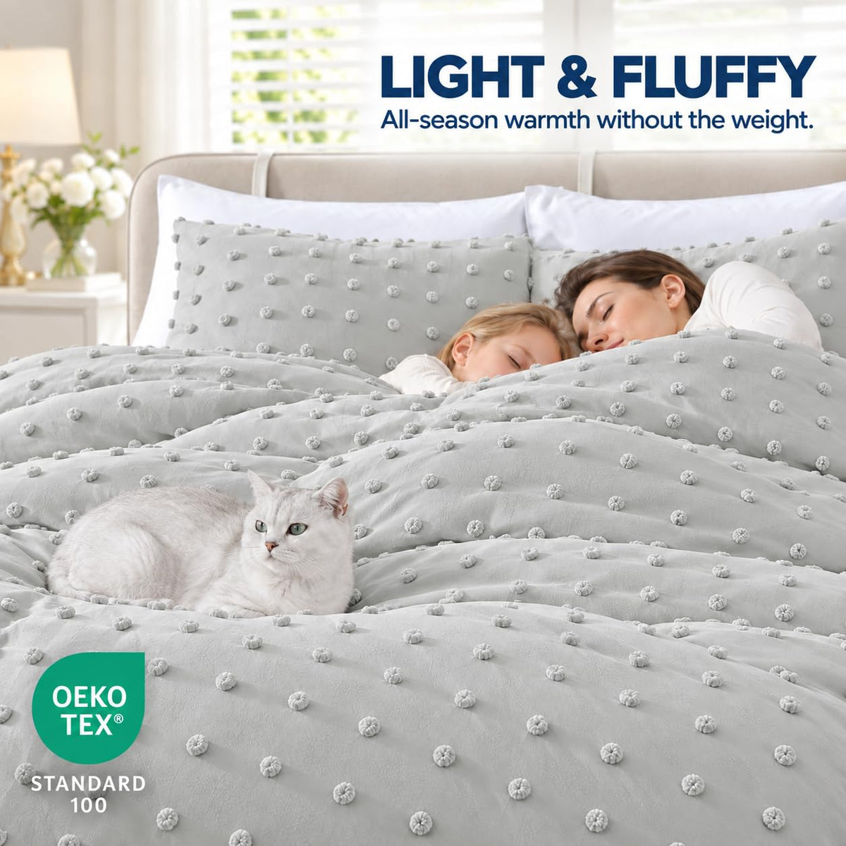 Home Comforter Set, Tufted Pom Poms, Gray