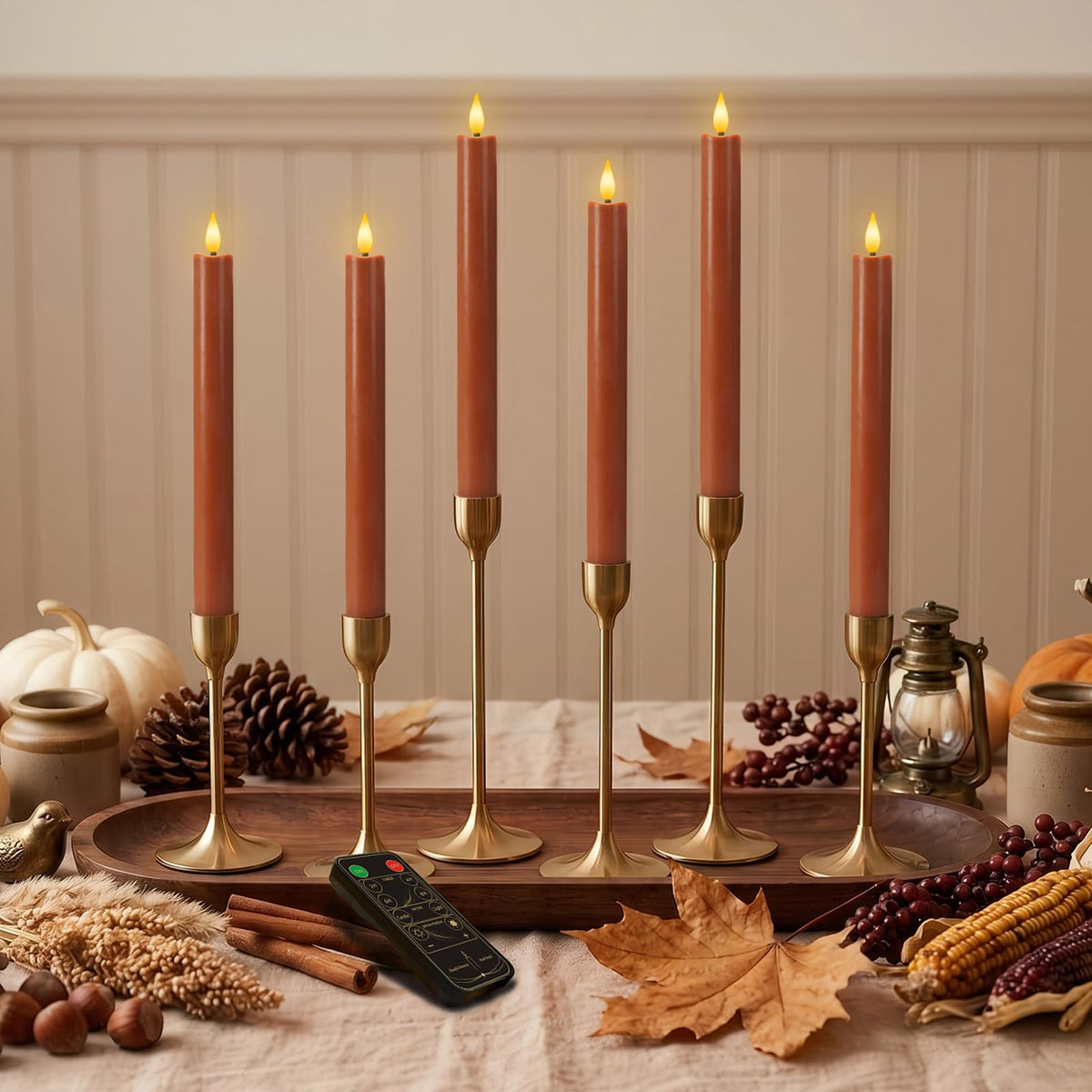 9.6 Inch Real Wax Flameless Taper Candles, Terracotta LED Candlesticks 6 Pcs with 3D Flame Remote and Timer, Battery