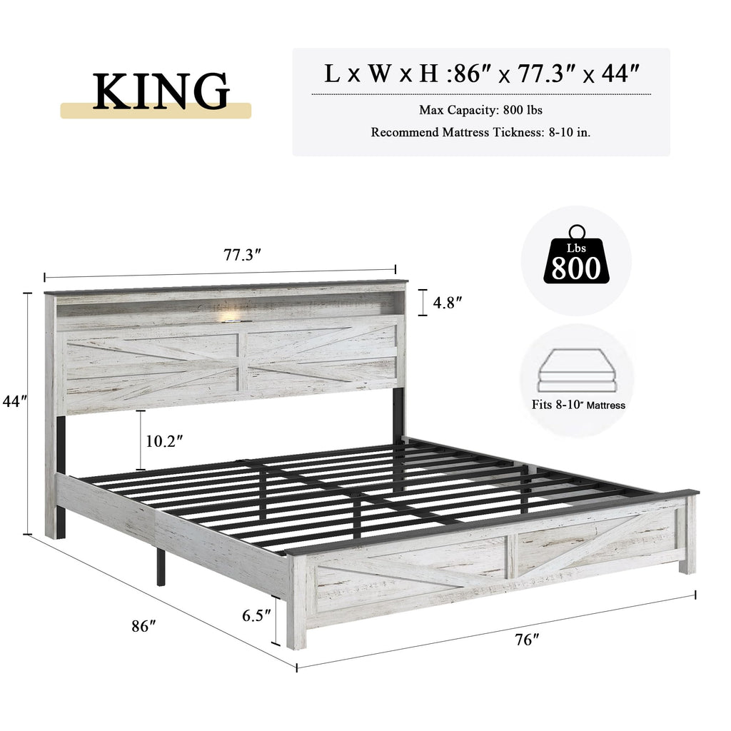 Farmhouse Wooden Bed Frame with Storage Headboard