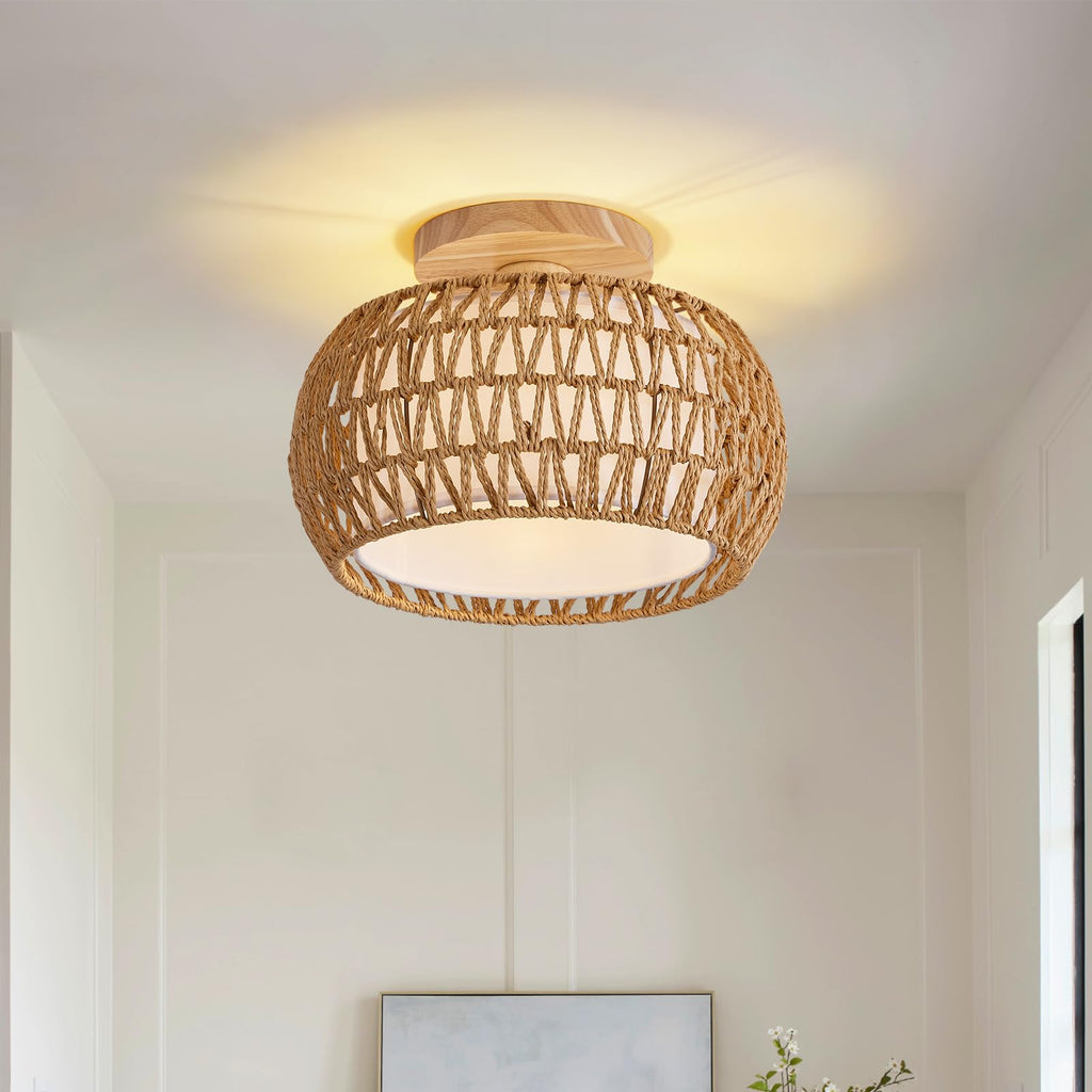 Rattan Boho Flush Mount Ceiling Light - 12′′ Bohemian Wicker Light Fixtures