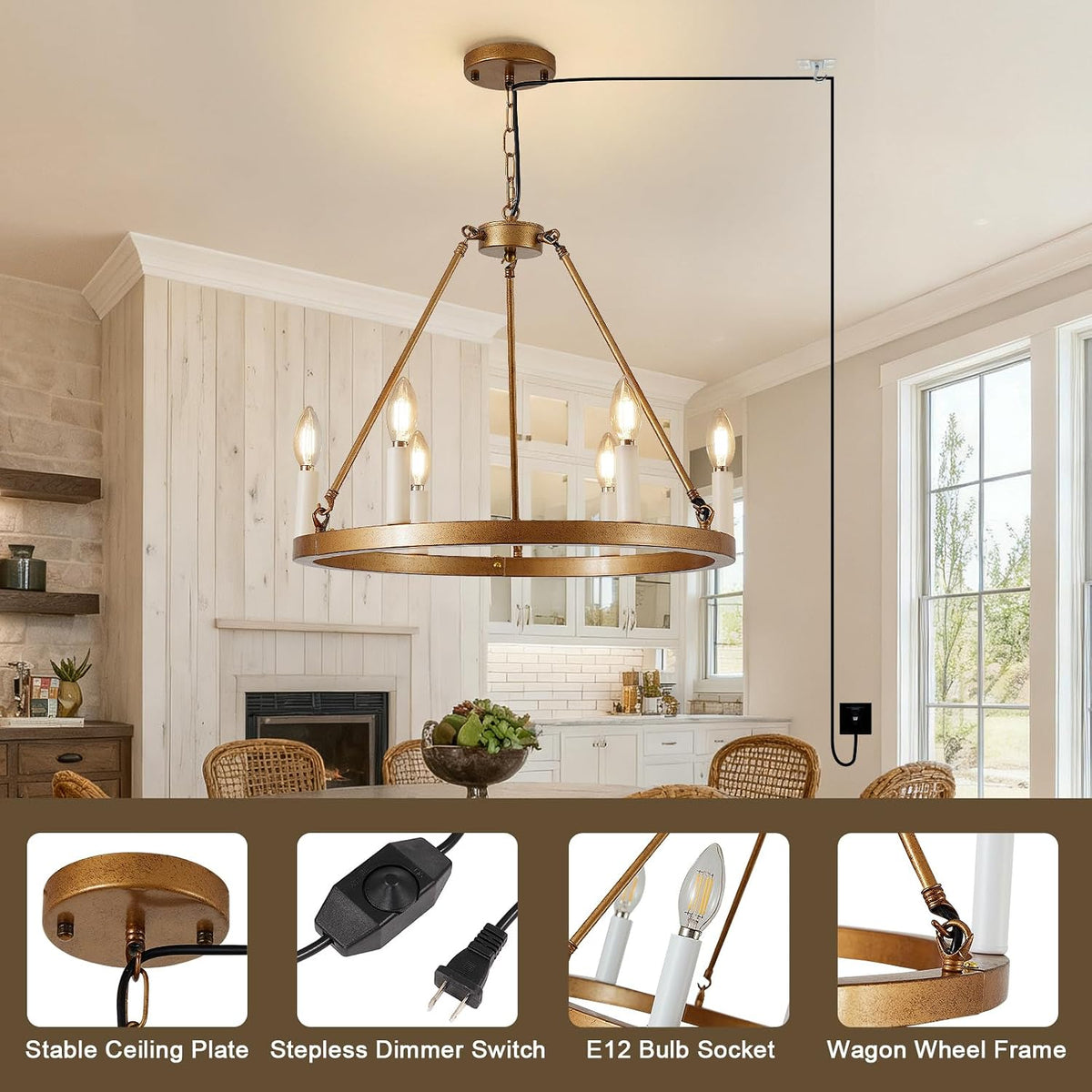 6 Lights DIMMABLE Plug in Wagon Wheel Chandelier, 20.5" Gold Rustic Hanging Lights with Long Cord