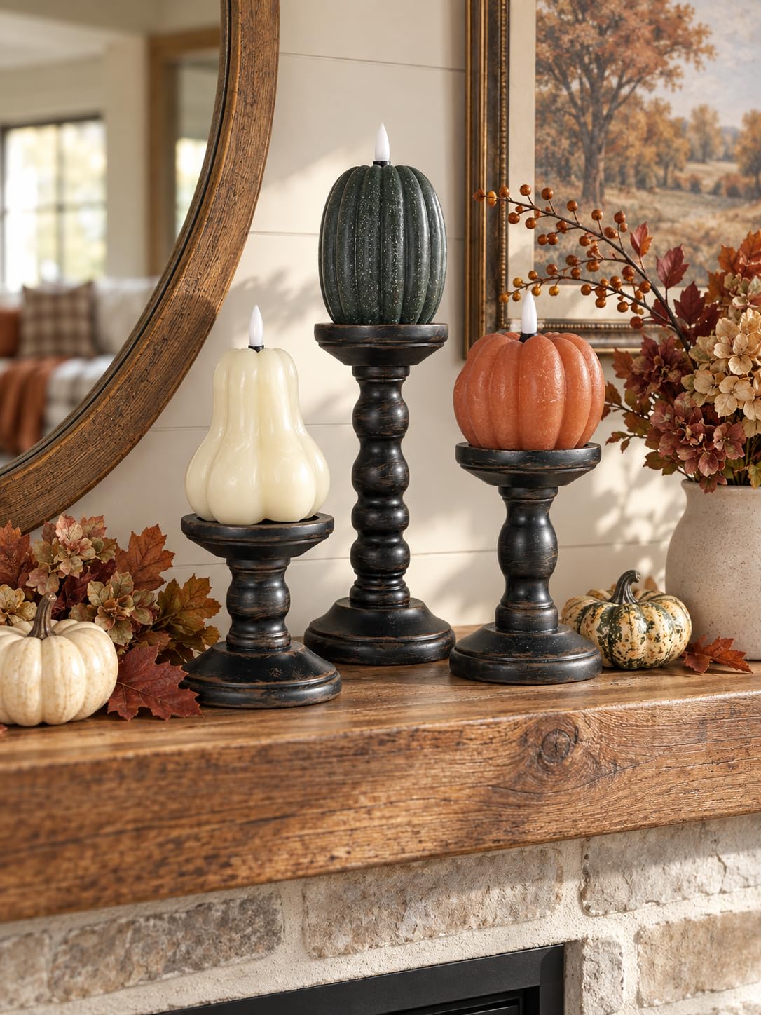 Solid Wood Pillar Candle Holder, Black, Set of 3, 8.3/5.9/3.9-in