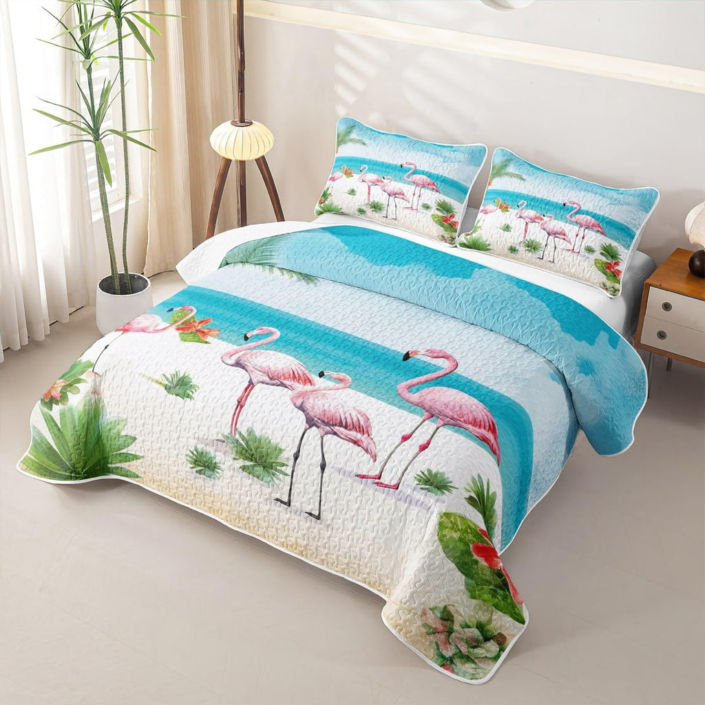 Pink Flamingo Quilt Set Hawaiian Ocean Beach Quilt Cactus