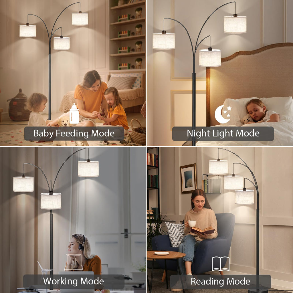 3 Lights Floor Lamp with Remote Control and 3 Stepless Dimmable Bulbs, 78" Tall Standing Lamp with Hanging Drum Shade