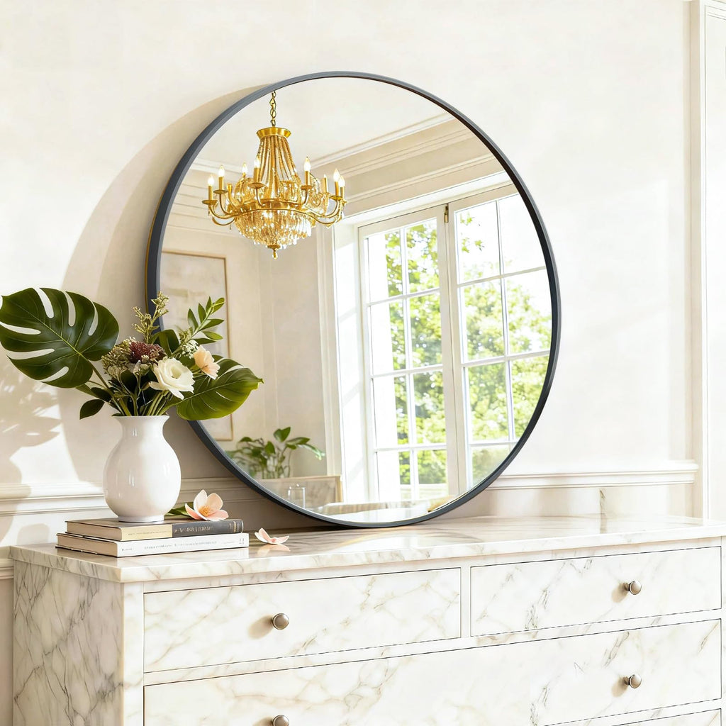 Round Wall Mirror 30 Inch Black Vanity Mirror with Metal Frame