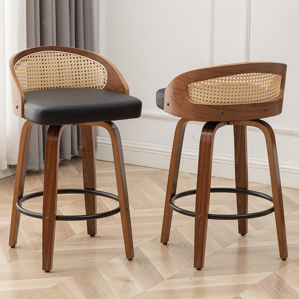 Swivel Rattan Bar Stools Set of 2 with Back, Black Leather barstool chairs
