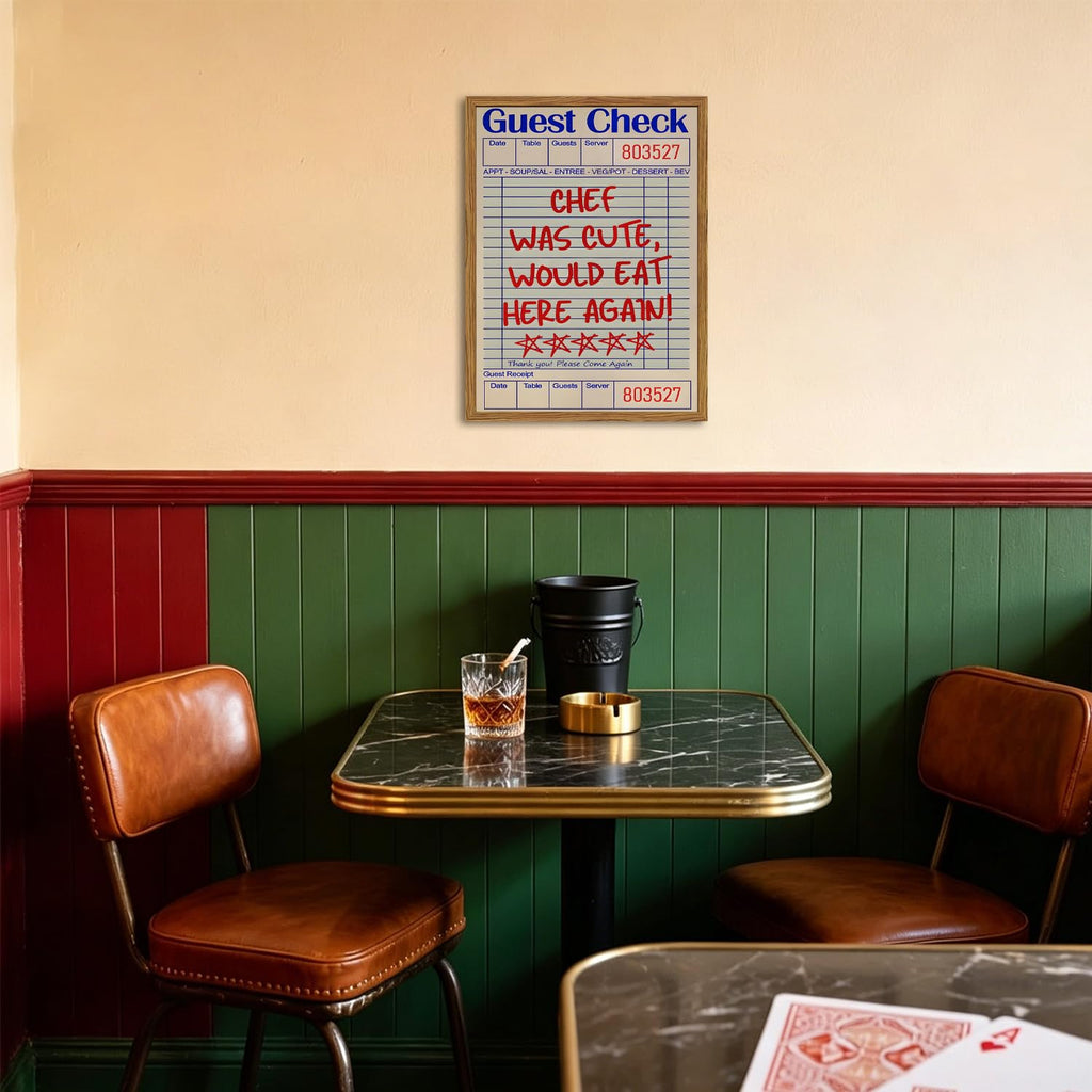 Framed Kitchen Wall Art, Retro Chef Was Cute Would Eat Here Again Pictures Wall Decor, Funky Guest Check Poster