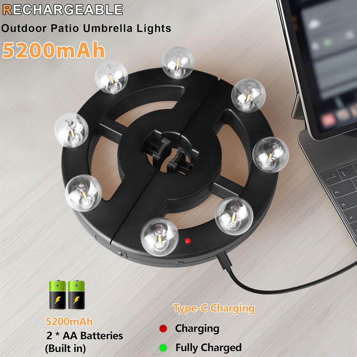 Umbrella Lights Outdoor Patio, Rechargeable Cordless with Dimmer &Timer