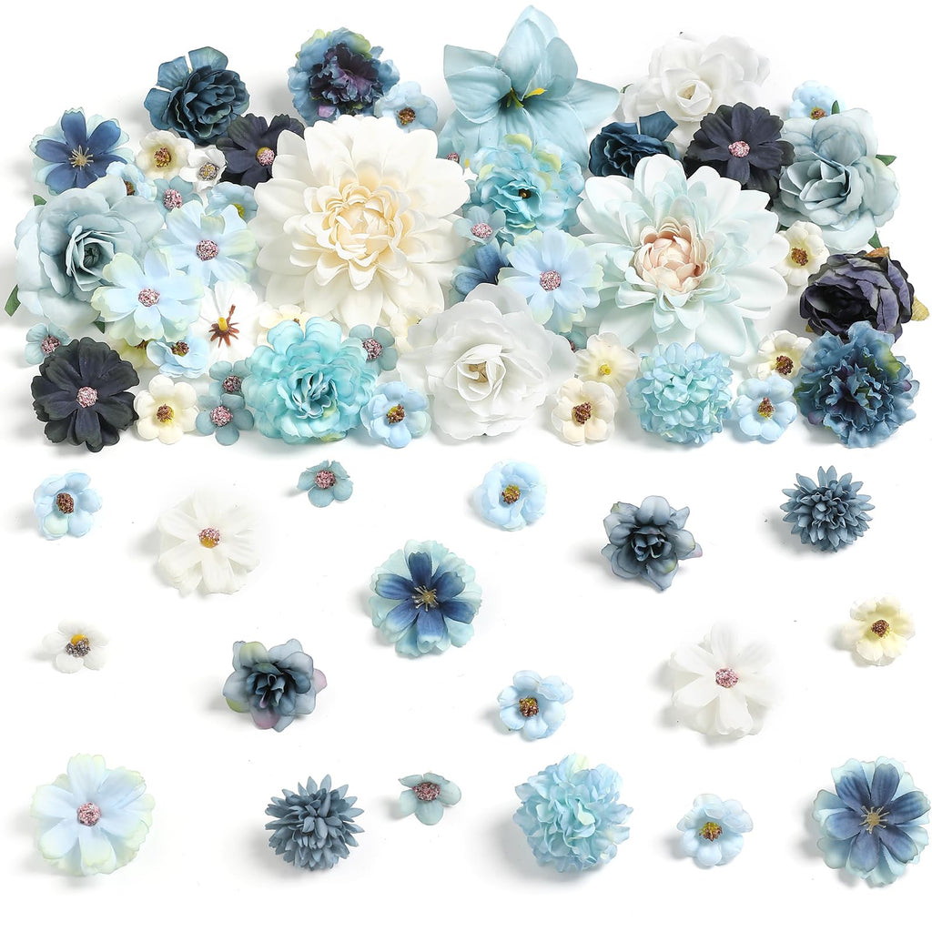 Fake Flower Heads Mini Artificial Flower Blue Faux Dahlia Rose Flowers for Crafts Cake Blossom Wreath Garland