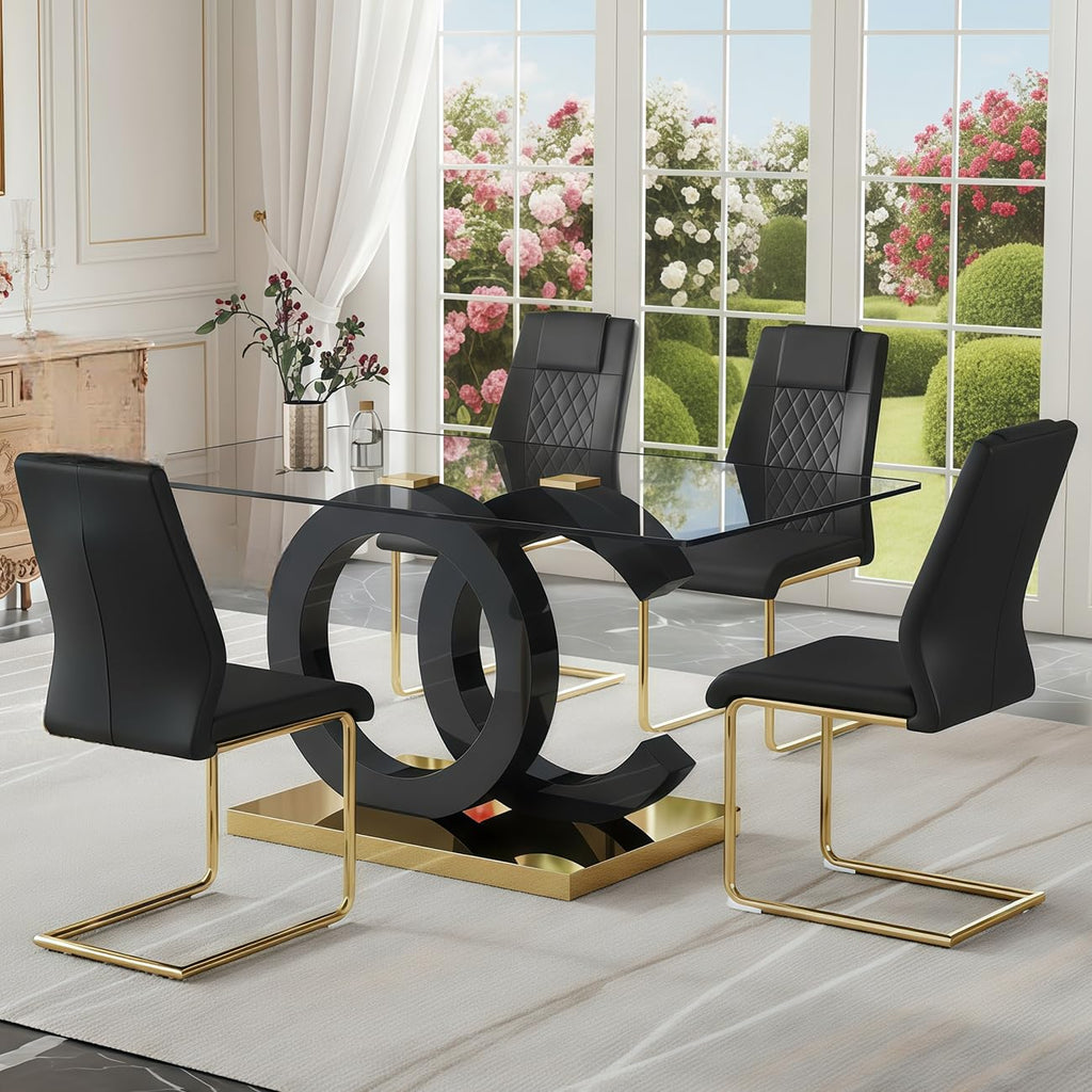 Inspired Saarinen Style 63" Modern Glass Dining Table for 6, Black OC-Shape Pedestal & Gold Base, Rectangular Tempered Glass Kitchen Table