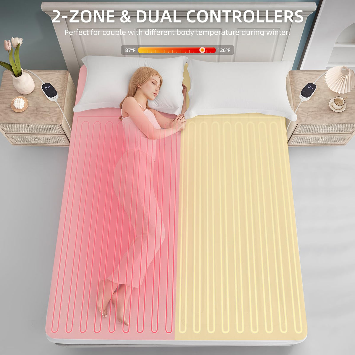Heated Mattress Pad Electric Mattress Dual Controller Bed Warmer 9 Heat Settings, 1-12 Hours Auto Off