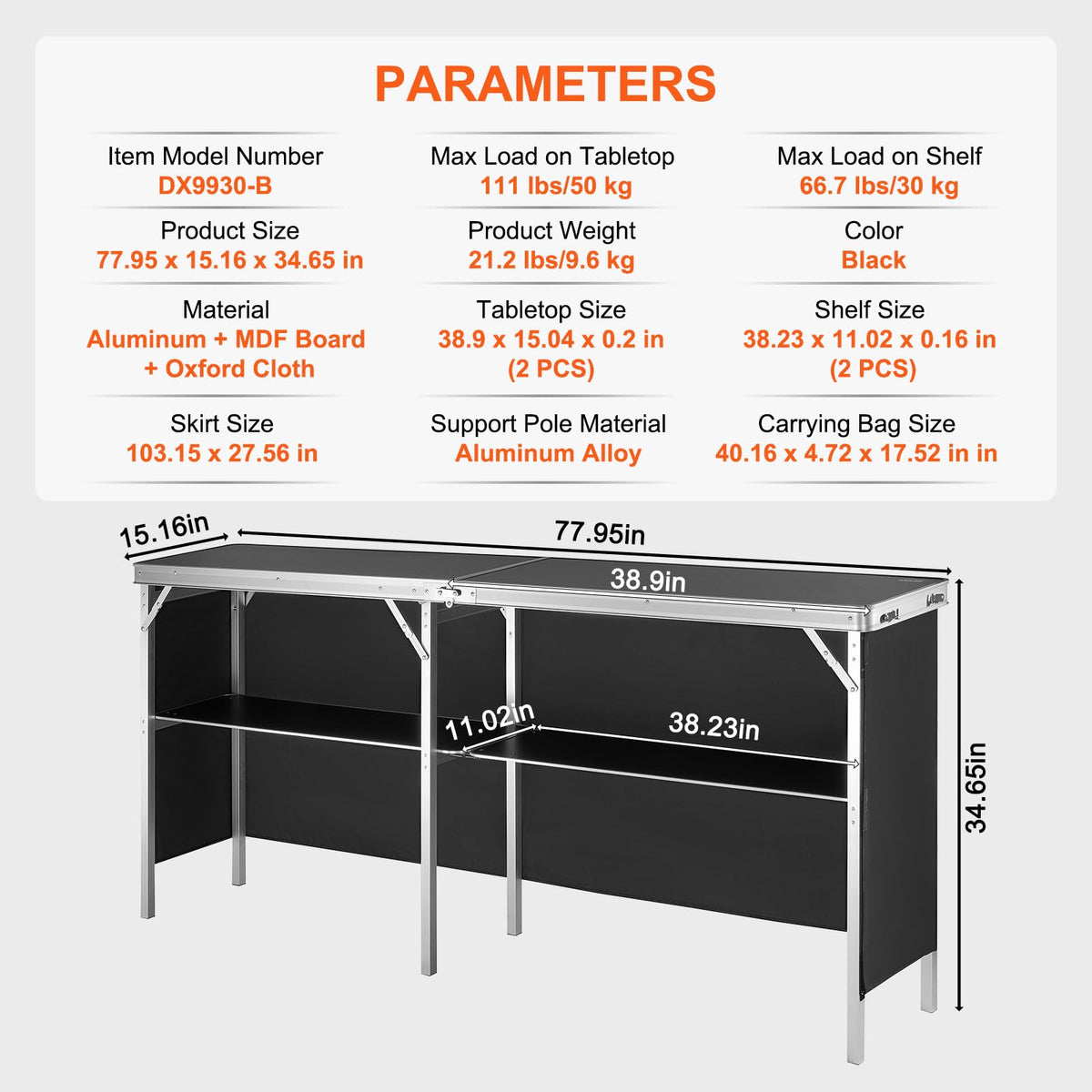 Extra Long Folding Portable Bar Tradeshow Podium Table for Indoor, Outdoor, Party, Picnic, Exhibition, Includes