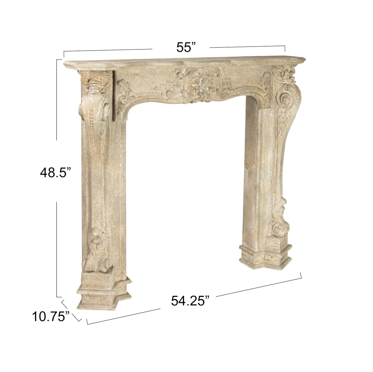 Ornate Decorative Wood Fireplace Mantel, Distressed Cream