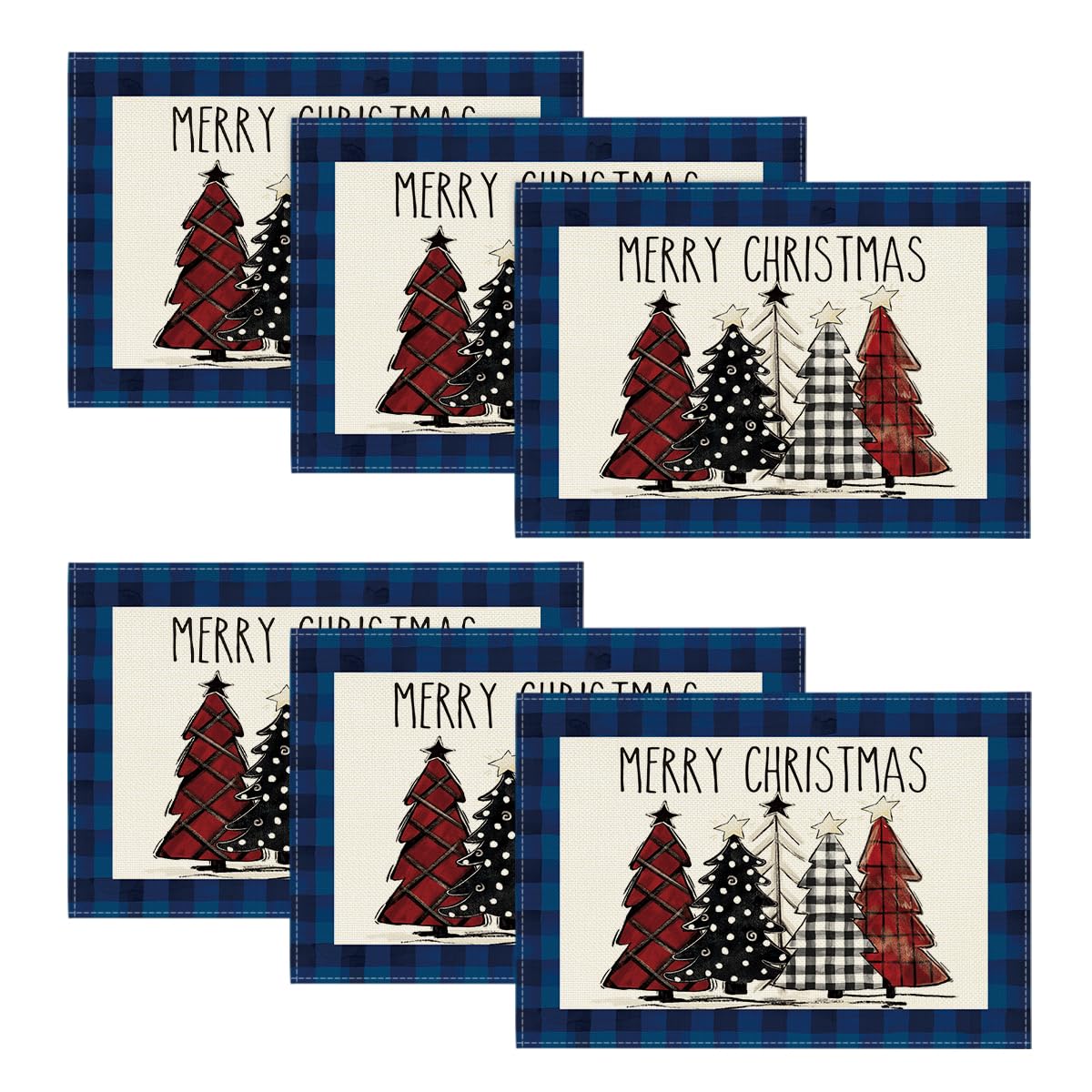 Blue Waterclor Buffalo Plaid Christmas Trees Placemats Set of 6, 12x18 Inch Winter Table Mats for Outdoor Home Party