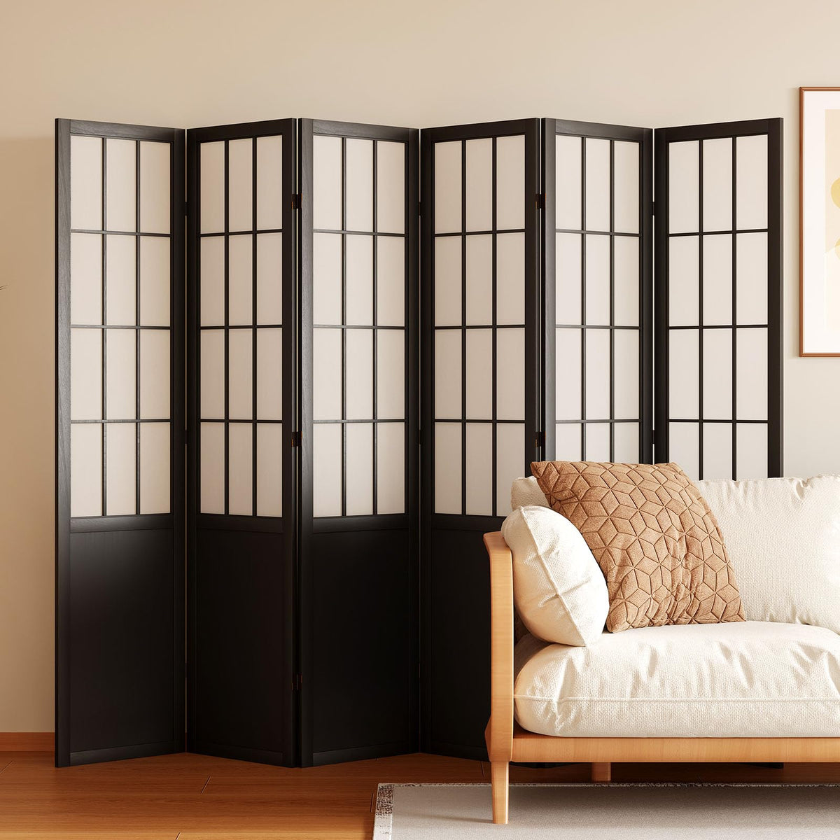 Room Divider, 66.9Inch Tall Japanese Shoji Style Folding Wood Screen with Double Hinges Bedroom Hotel Decoration