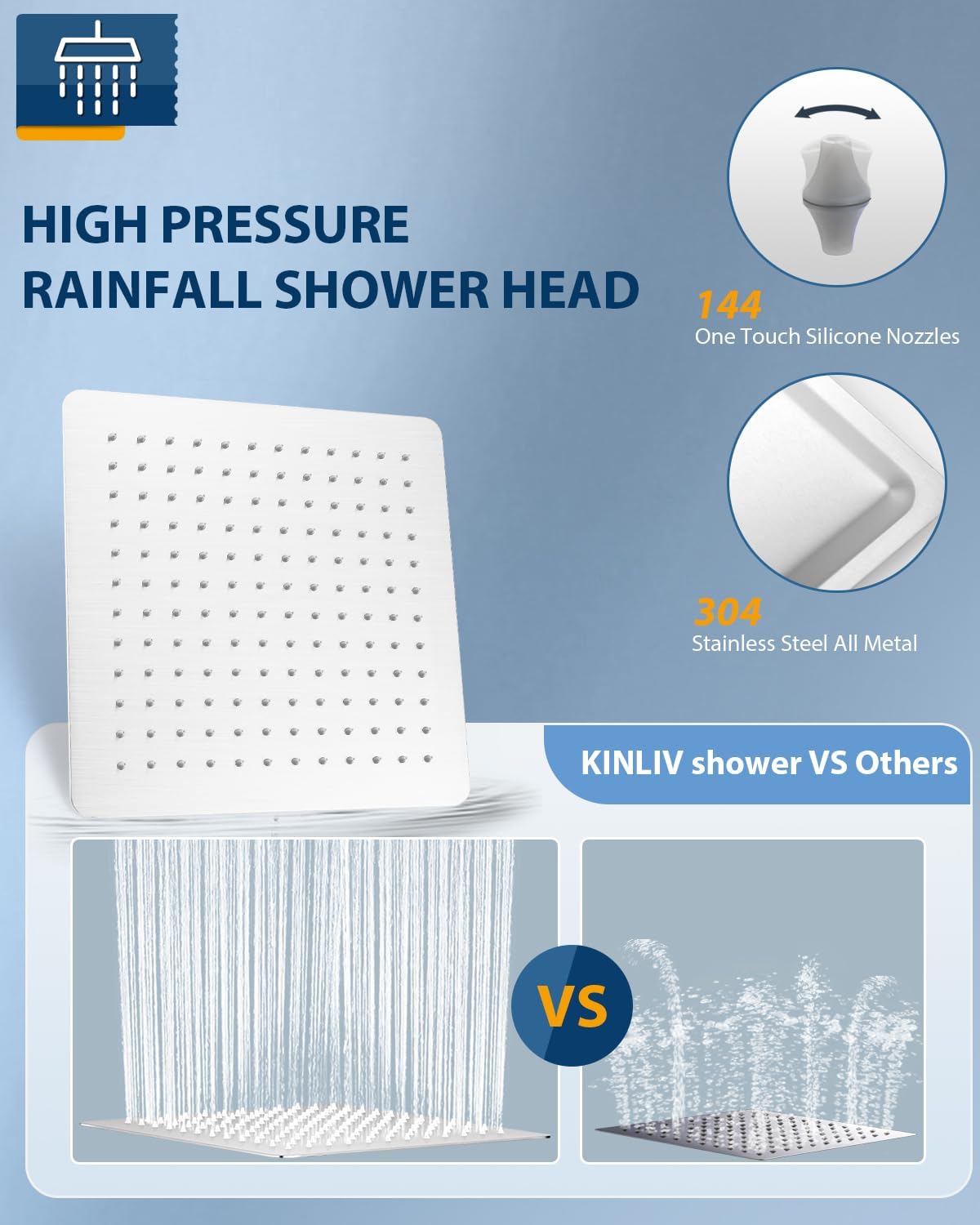 All Metal Rainfall Shower Head with Extension Arm Brushed Nickel, 12" Large Rain Square Showerhead with 16" Shower
