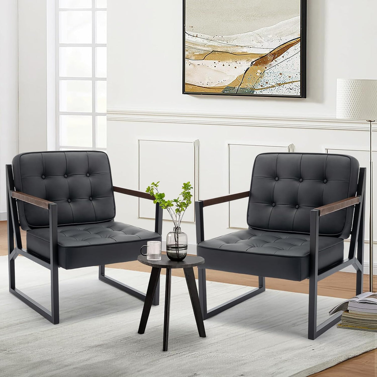 Black Leather Accent Chair, Accent Arm Chair, Comfy Armchair with Metal Legs Bedroom Reception Waiting Room