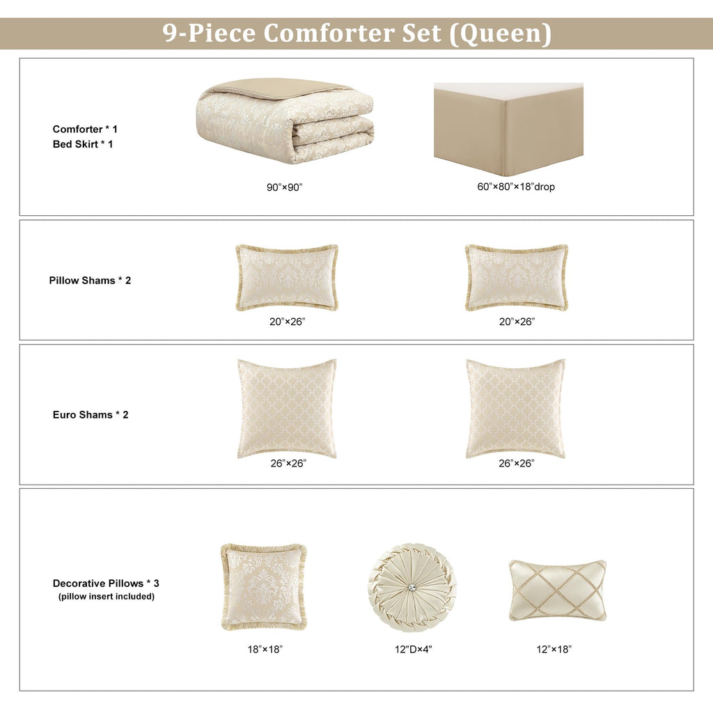 9-Piece Elegant Damask Comforter Set, Beige White