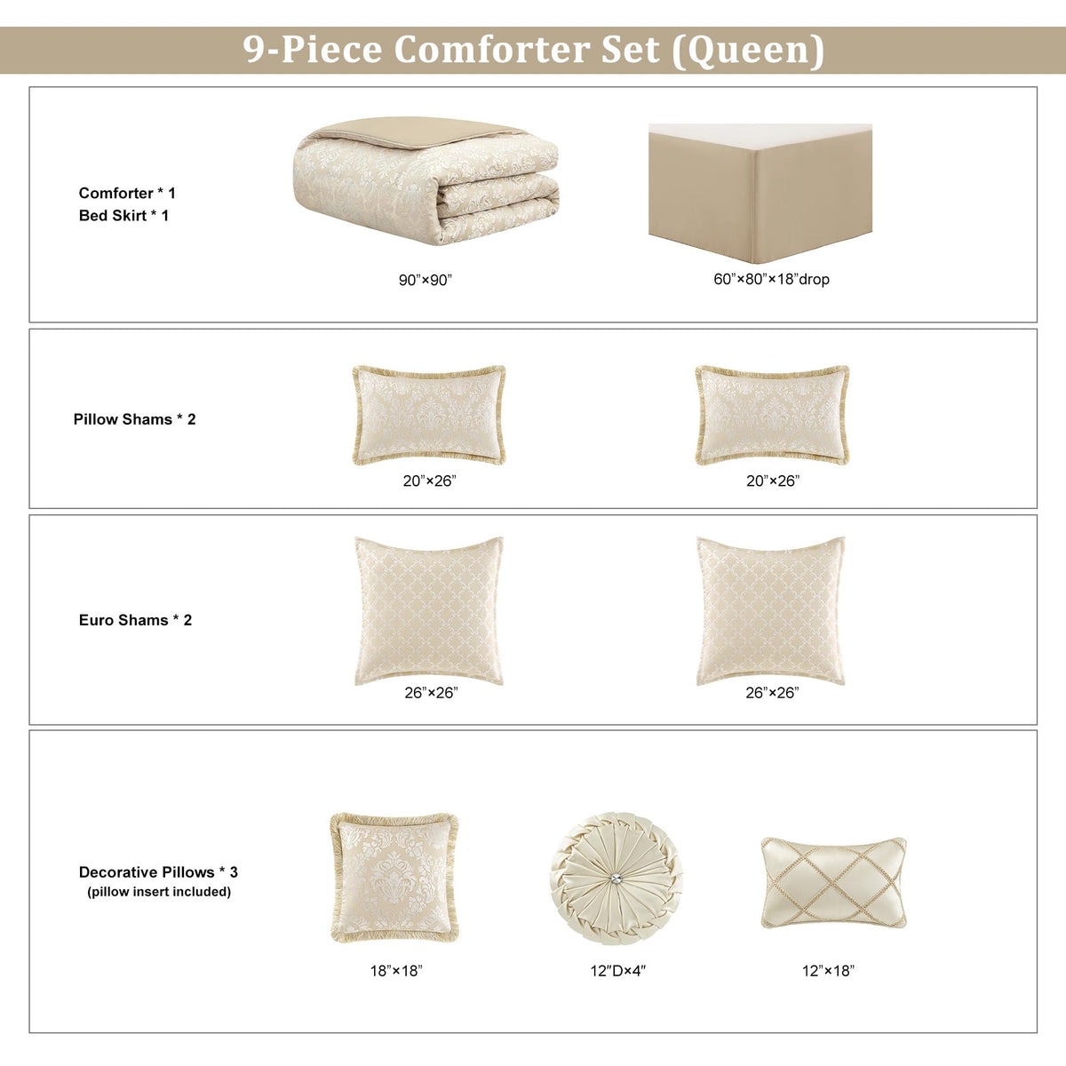 9-Piece Elegant Damask Comforter Set, Beige White