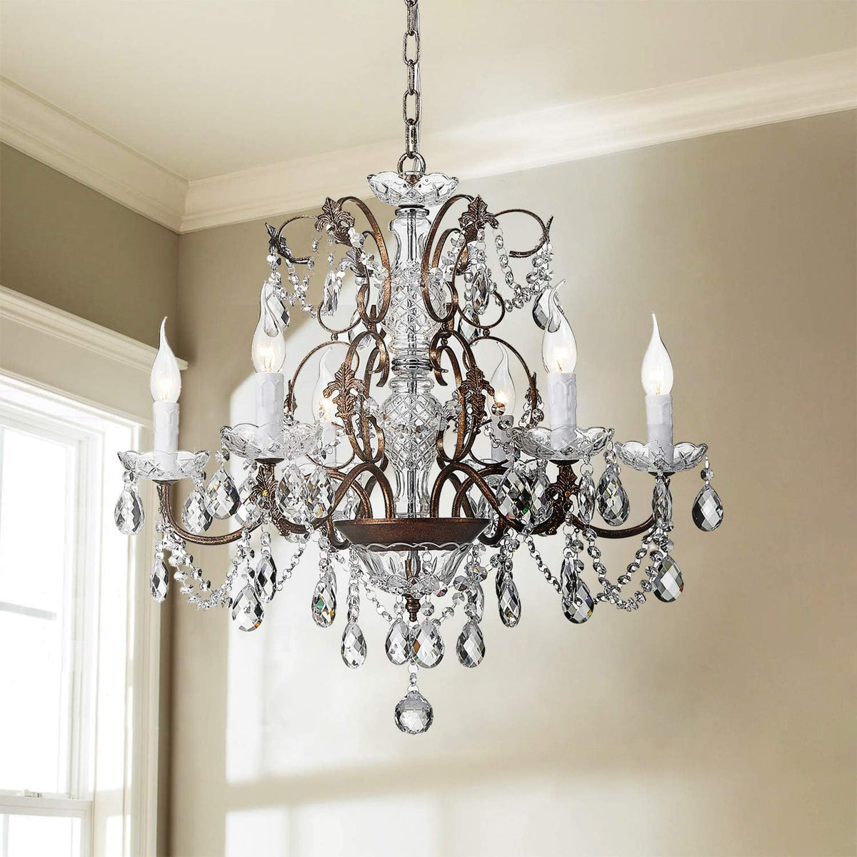 Six-Light Rustic Crystal Chandelier with Iron Arms and Hanging Prisms