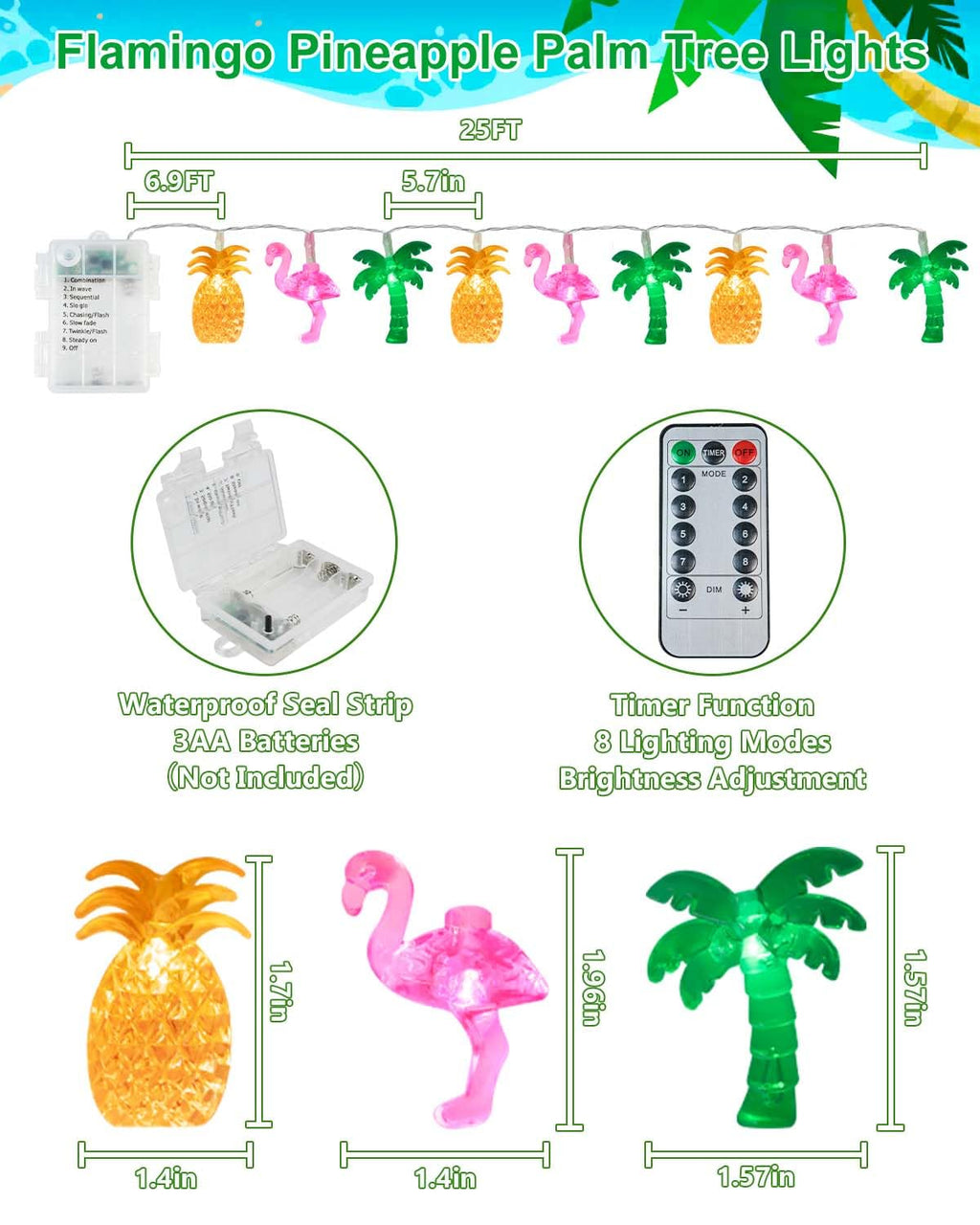 50 LED 25Ft Sumer Tropical String Lights Flamingo Pineapple Palm Tree Light