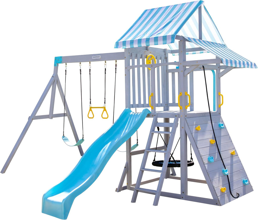 Kids Laguna Outdoor Wooden Swing Set, Gray & Aqua | Slide, Rock Climbing Wall, Fireman Pole & Trapeze Bar, Ages 3-10