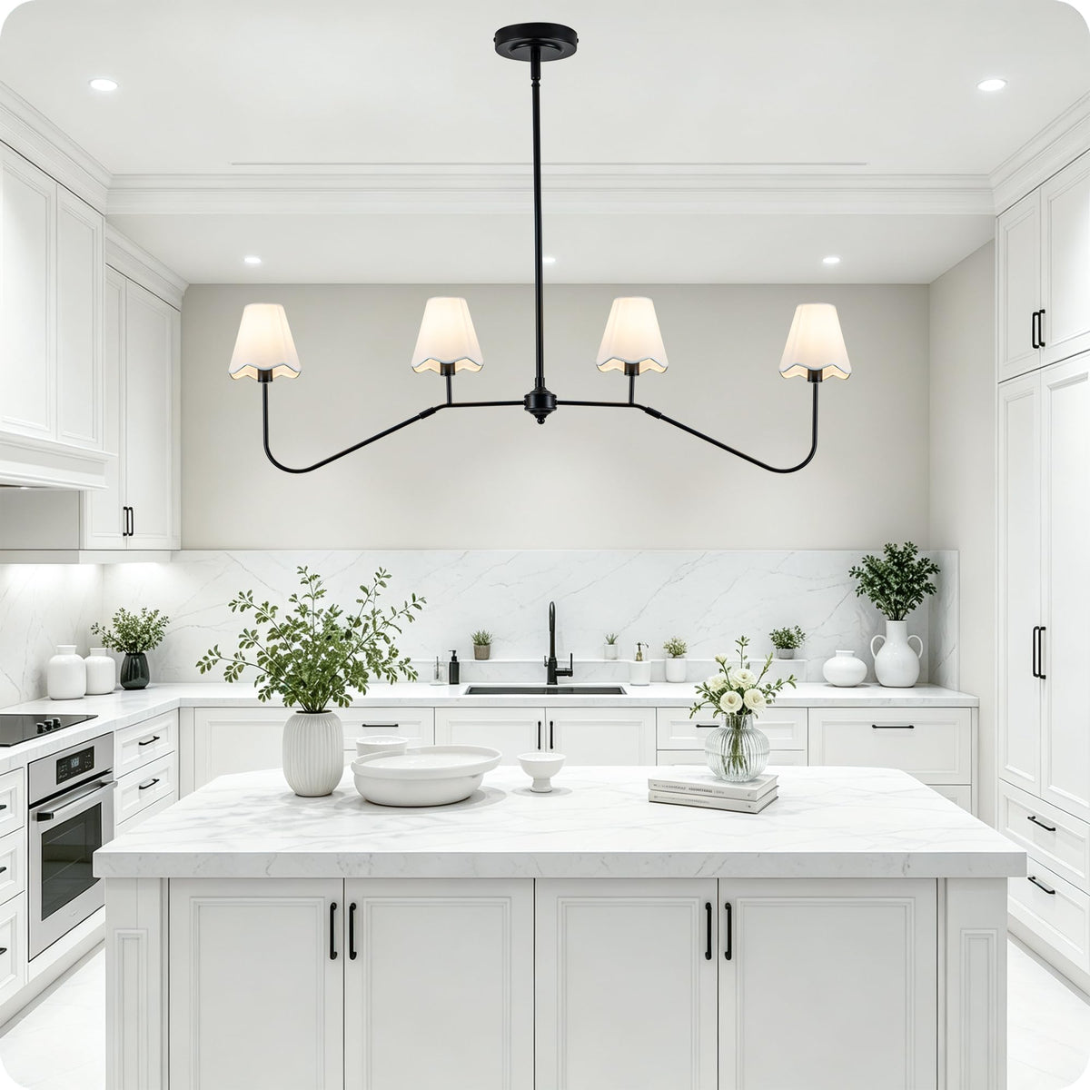 47" Modern Linear Dining Room Light Fixture,4-Light Black Chandelier
