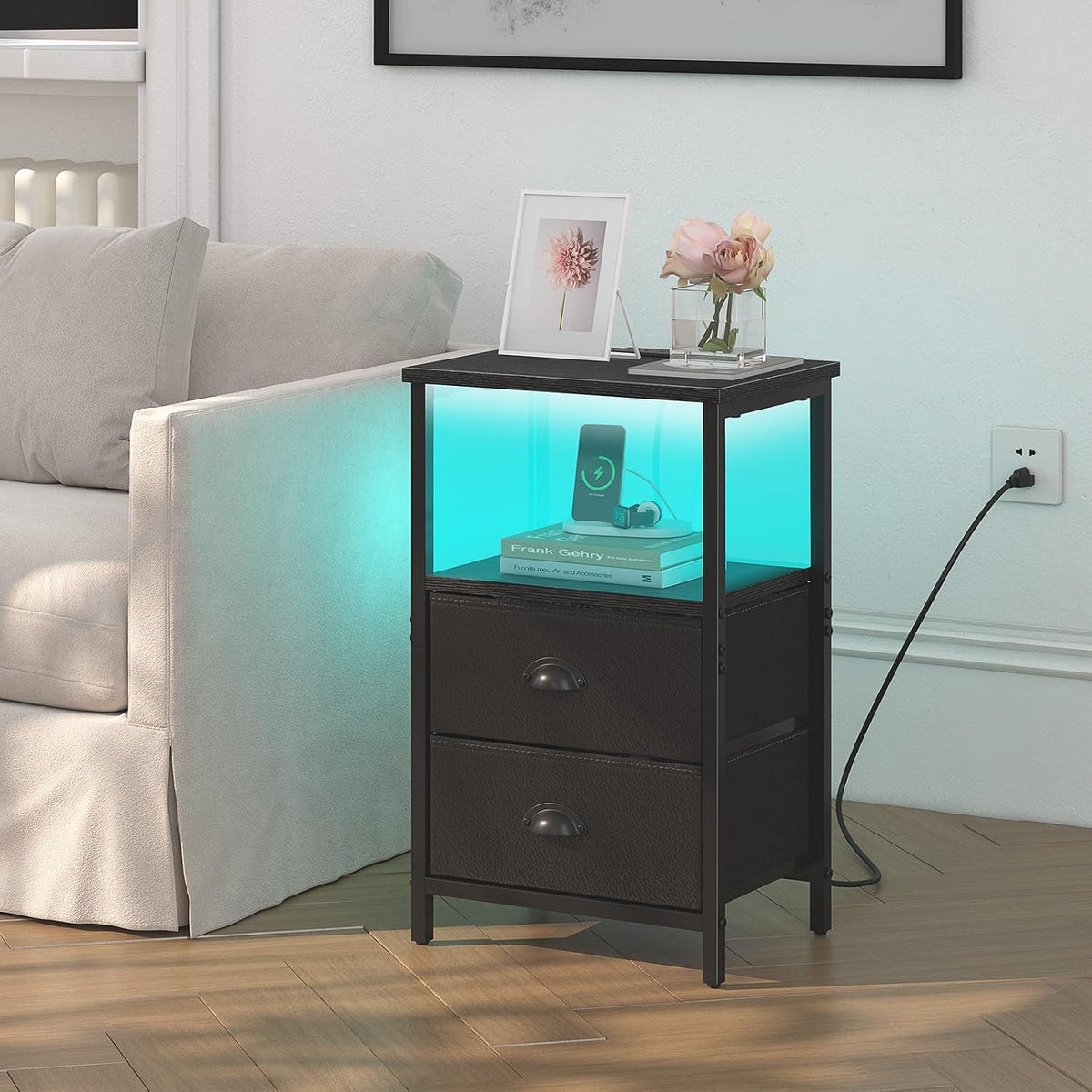 Nightstand with Charging Station, LED Night Stand Set 2, Bedside Table End Table Set of 2, Bedroom Table with 2