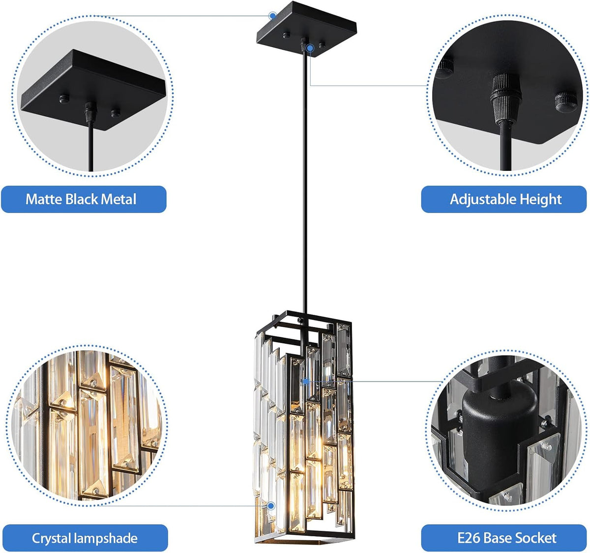 Black Pendant Lighting Modern Pendant Light, Mini Crystal Chandeliers,Adjustable Pendant Light Fixture for Kitchen
