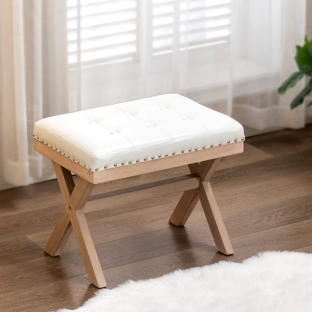 Bench Ottoman Faux Leather Upholstered Entryway Bedroom Bench Footstool Seat with X-Shaped Wooden Legs Bedroom Living