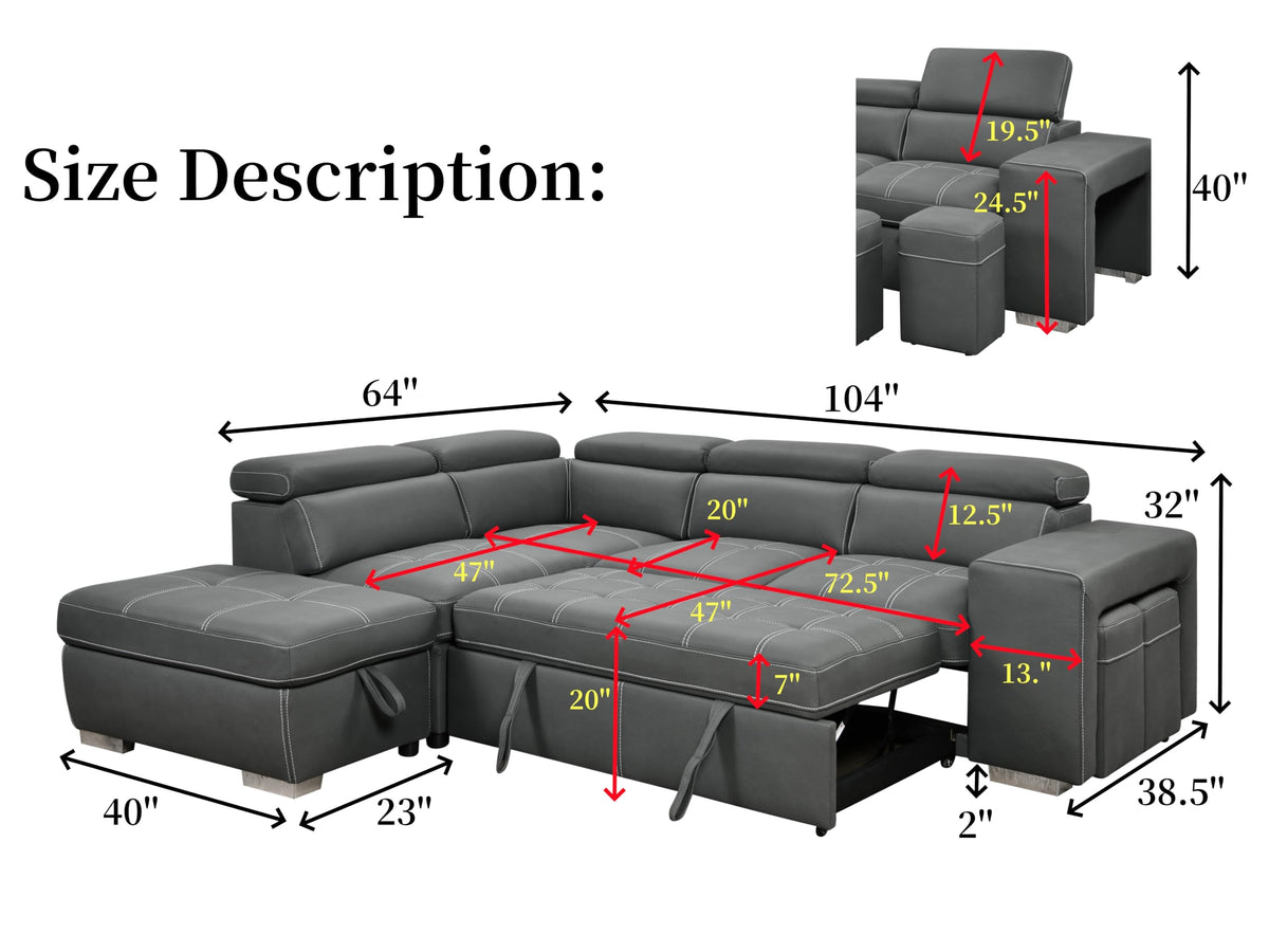 104'' Microfiber L Shaped Sectional Sleeper Sofa Couch with Pull Out Bed and Storage Ottoman, Convertible Couches