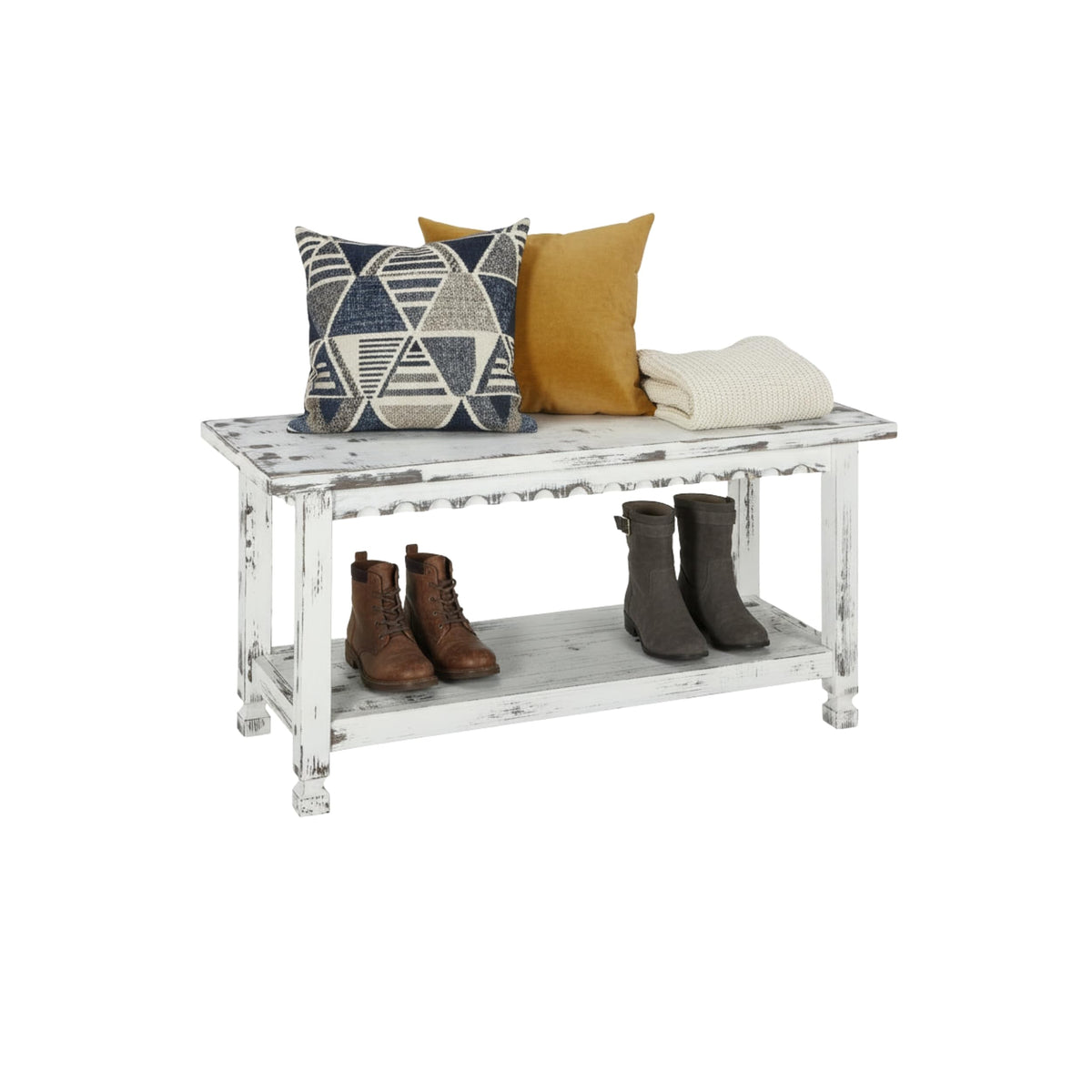 Country Cottage 36-Inch Farmhouse Entryway Bench with Storage Shelf - Solid Pine Wood Bench in Distressed White, or