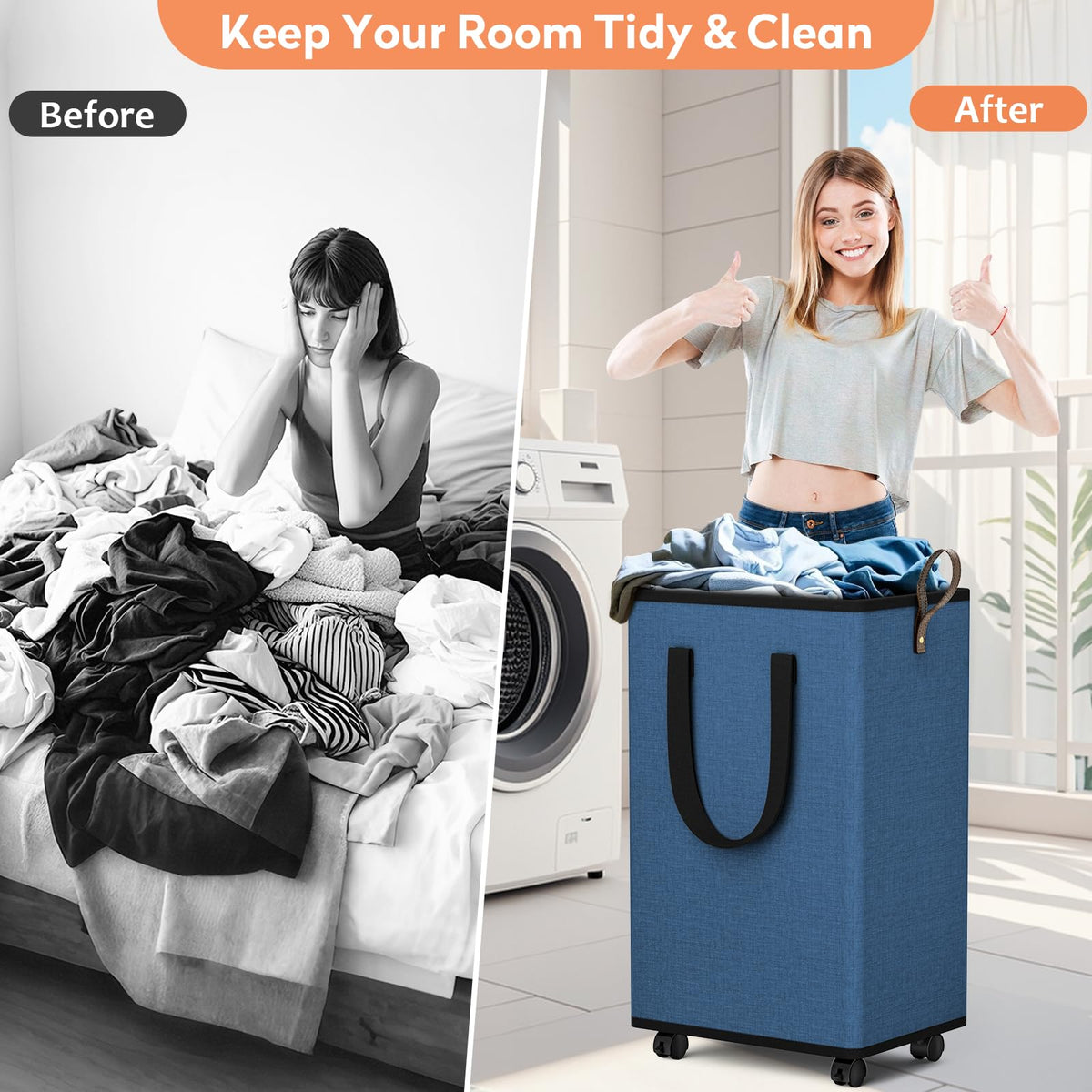 Rolling Laundry Basket with Wheels, Laundry Hamper, 100L, Navy