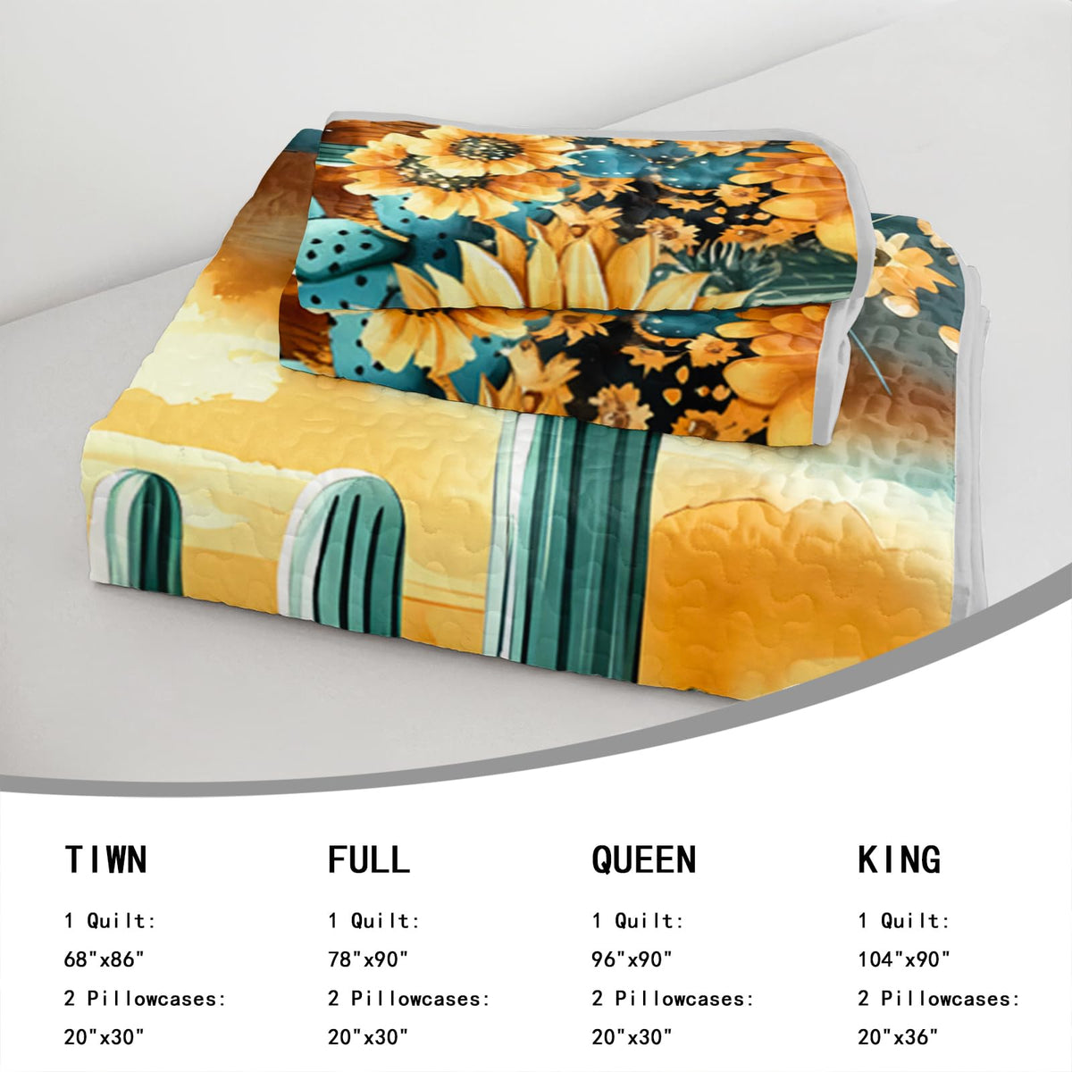 Sunfower Print Quilt Bedding Set, 3-Piece Western Cactus Flower Bedspread Coverlet, Sunset Theme Quilt, 2