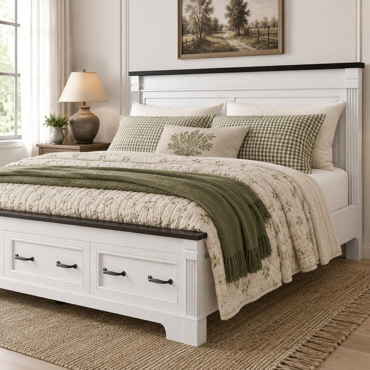 Farmhouse Bed Frame 51" Headboard Storage Drawers Roman Footboard