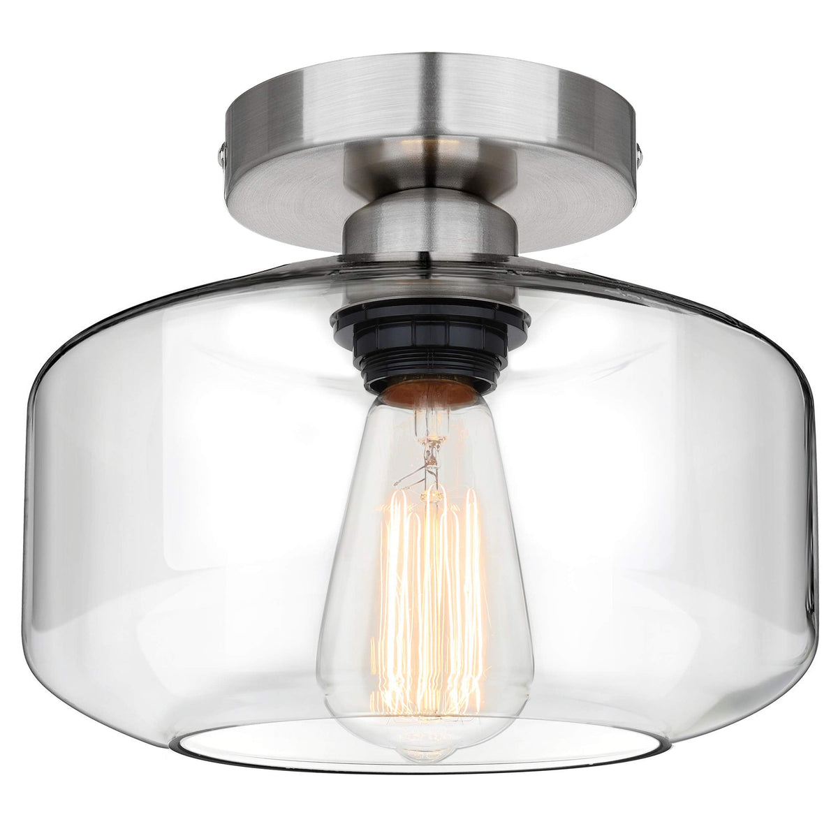 Industrial Semi Flush Mount Ceiling Light Brushed Nickel, Clear Glass Pendant Lamp Shade Farmhouse Lighting Hallway