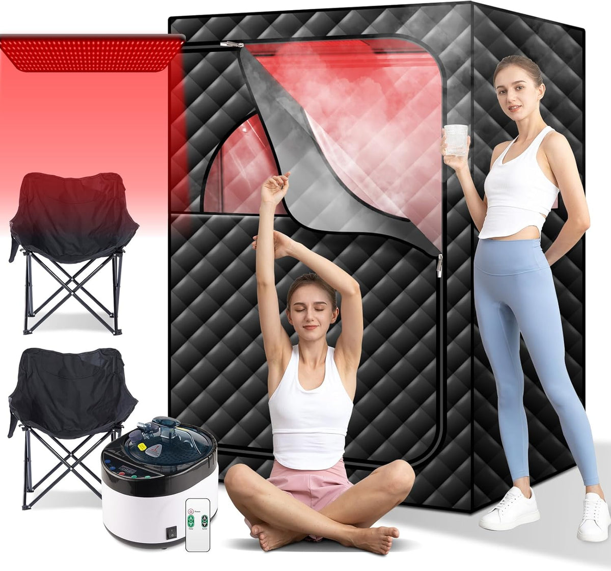 Portable Steam Sauna with 660nm Red Light Therapy, 2 Person Red Light Sauna Spa for Home