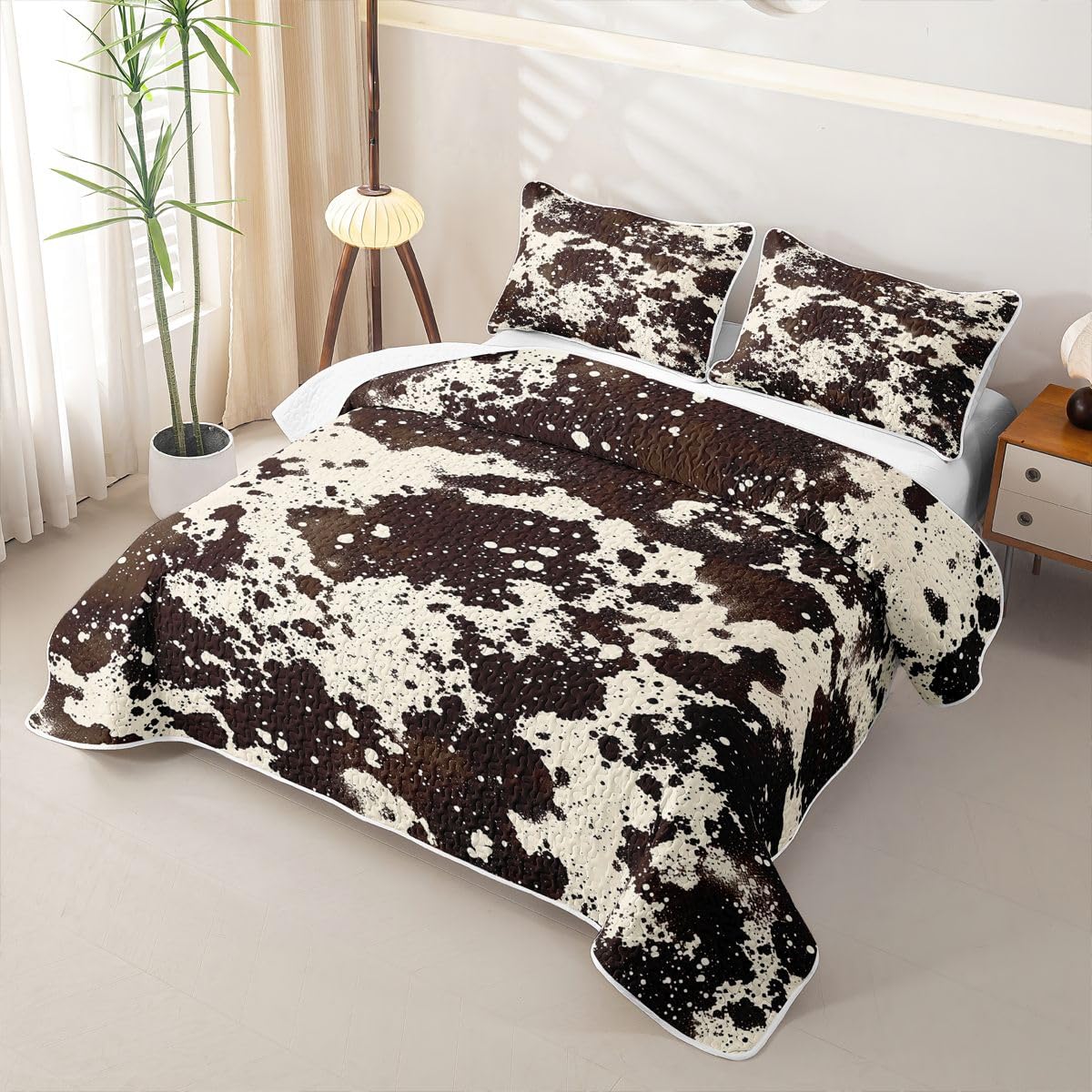 Brown Cowhide Print Quilt Bedding Set Simulated Cow Fur Print Lightweight Quilt Set Rustic Farmhouse Coverlet