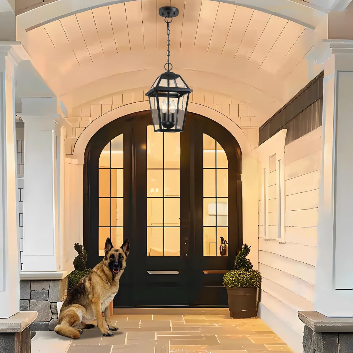 Modern 3-Light Large Outdoor Pendant Light for Porch, 16" Matte Black Exterior Hanging Light Fixture