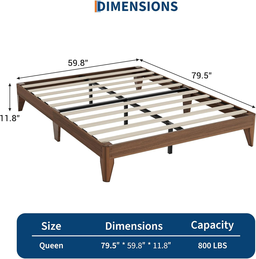 Wood Platform Bed Frame Queen, Solid Wooden Legs and Wooden Slats Support, Sturdy Metal Central Structure, No Box