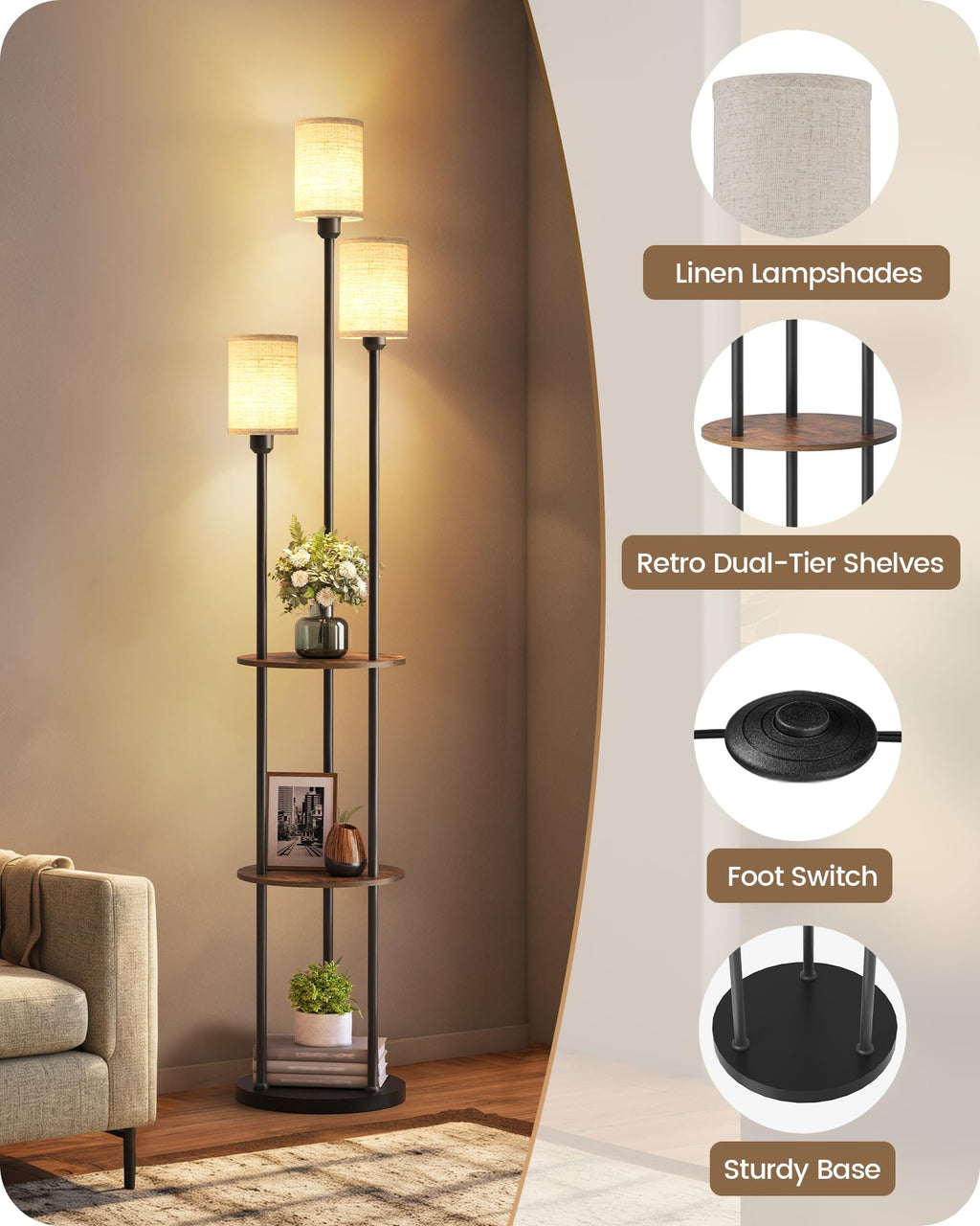 70.9" Floor Lamp with Shelves, Modern Floor Lamp with 3 Linen Shades and Foot Switch, 3-Light Standing Lamp, Study