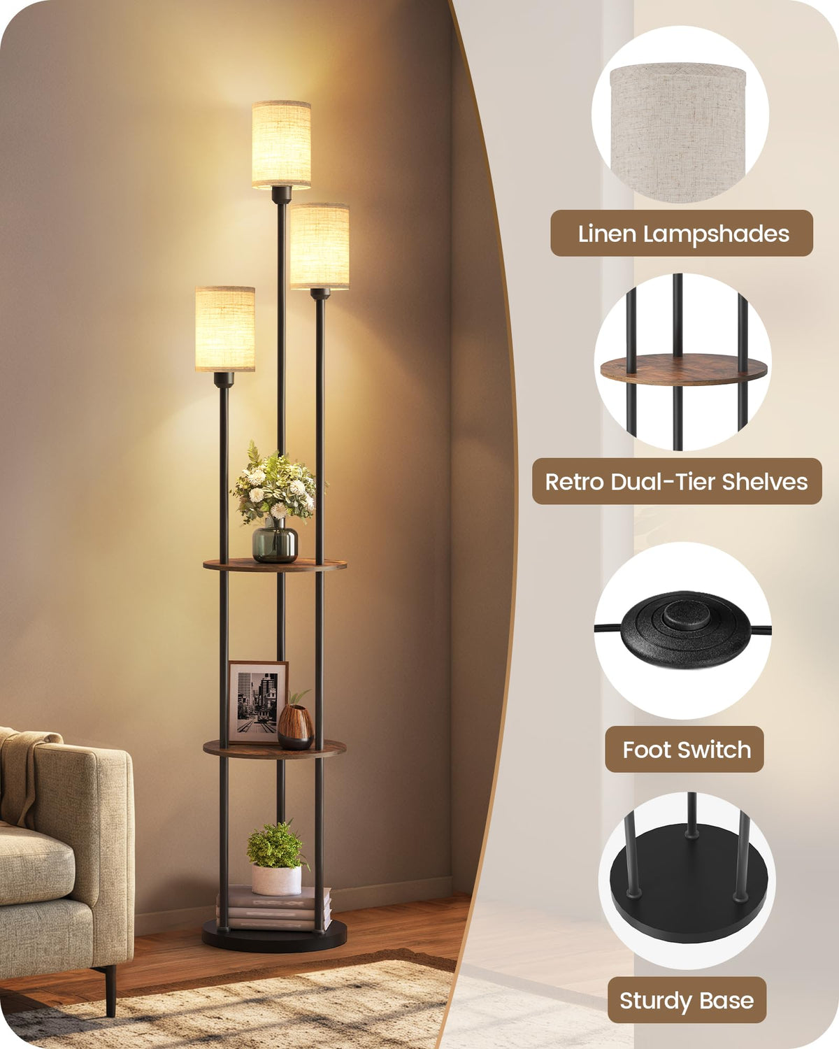 70.9" Floor Lamp with Shelves, Modern Floor Lamp with 3 Linen Shades and Foot Switch, 3-Light Standing Lamp, Study