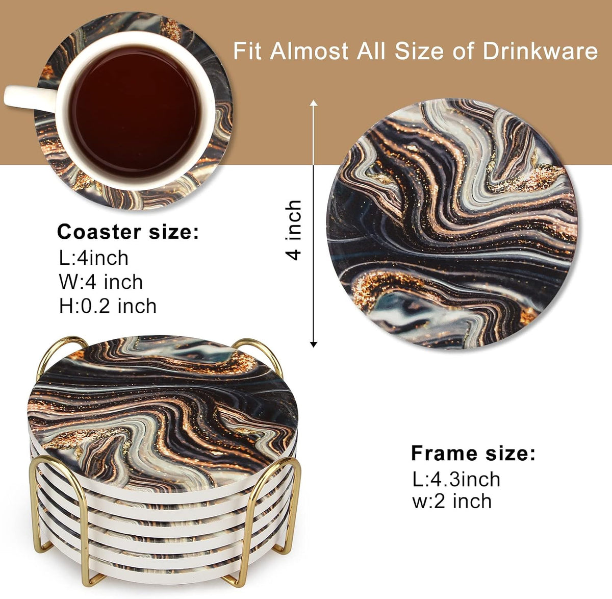 Black and Gold Marble Coasters with Holder Best Round Absorbent Coasters for Drinks, Coffee, Beer, Table Marble - Set of 6