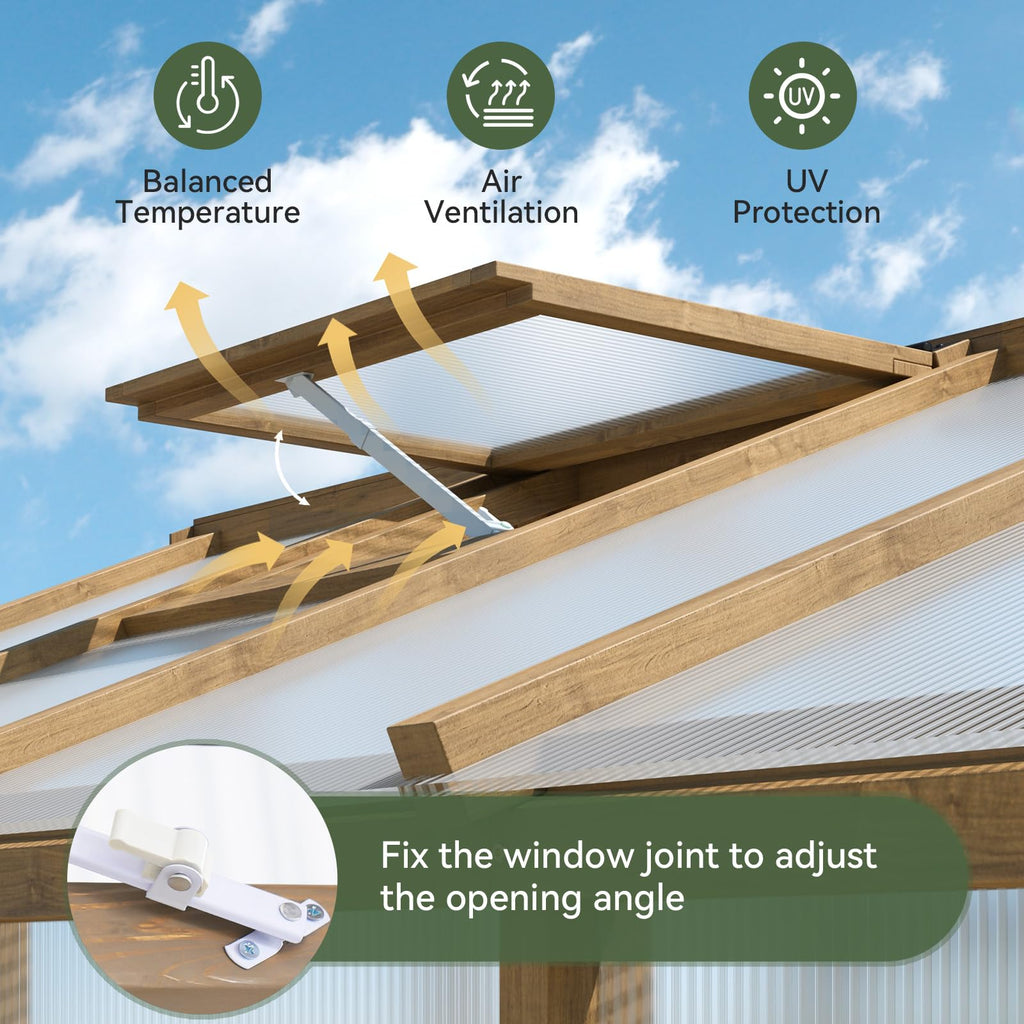 6x8 FT Wooden Greenhouse for Outdoors, 6MM Thick Polycarbonate Panel, Walk-in Green House Kit with Adjustable Roof